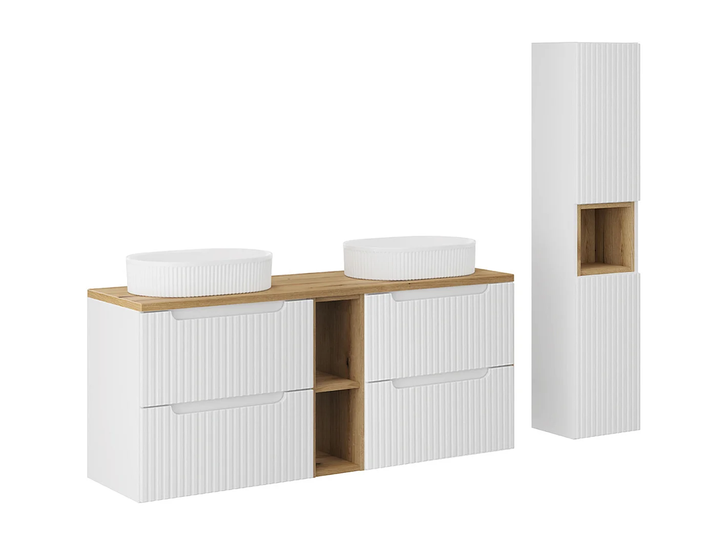 Ensemble meuble double vasque 140cm 4 tiroirs 2 niches et colonne Riva Blanc et Bois
