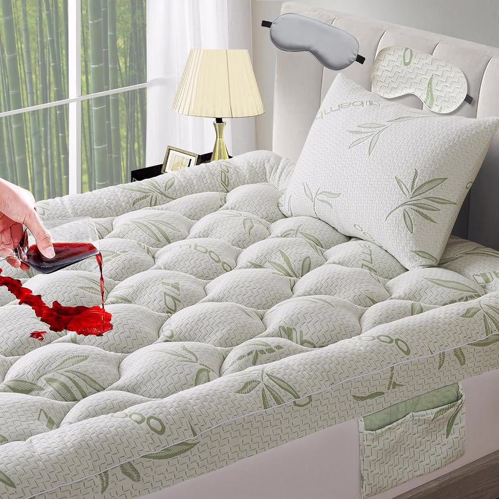 ZuoZuoMing Bamboo Mattress Topper 1000GSM with 1 Pillow Protector&Eye Mask, Side Pocket, Waterproof Mattress Protector, Cooling Extra Thick Breathable Mattress Pad Cover,8-21�� Deep
