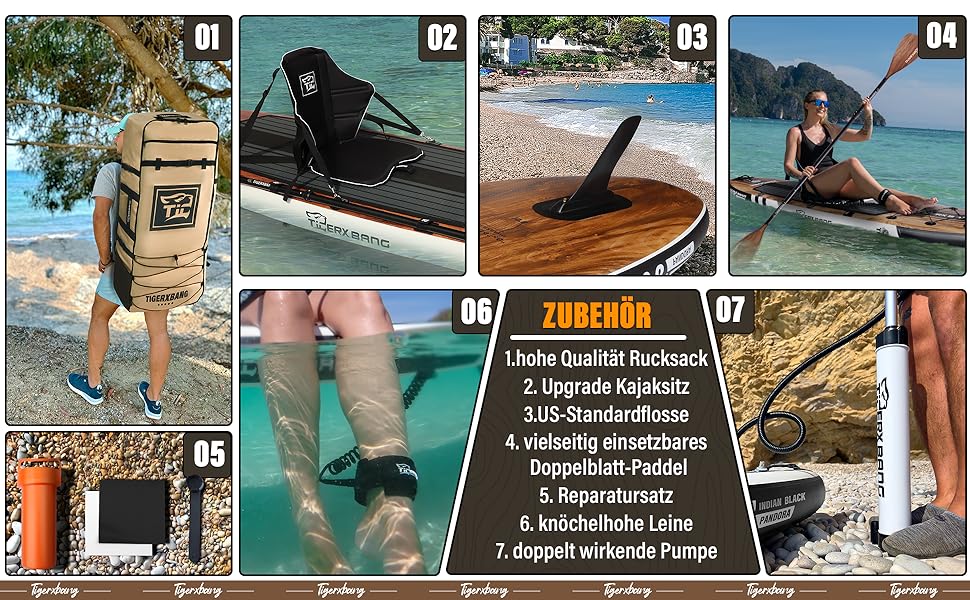 Kolaż 7 obrazów prezentujących akcesoria i zajęcia do paddleboard. Zawiera plecak, stabilizatory deski, sceny plażowe i wiosłowanie osób. Widoczny niemiecki tekst „ZUBEHÖR”