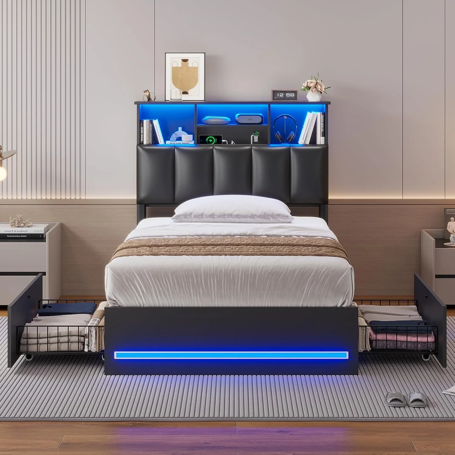 AOGLLATI Upholstered Platform Twin Bed with 4 Storage Drawers & Charging Station & LED Lights, Black - Image 9