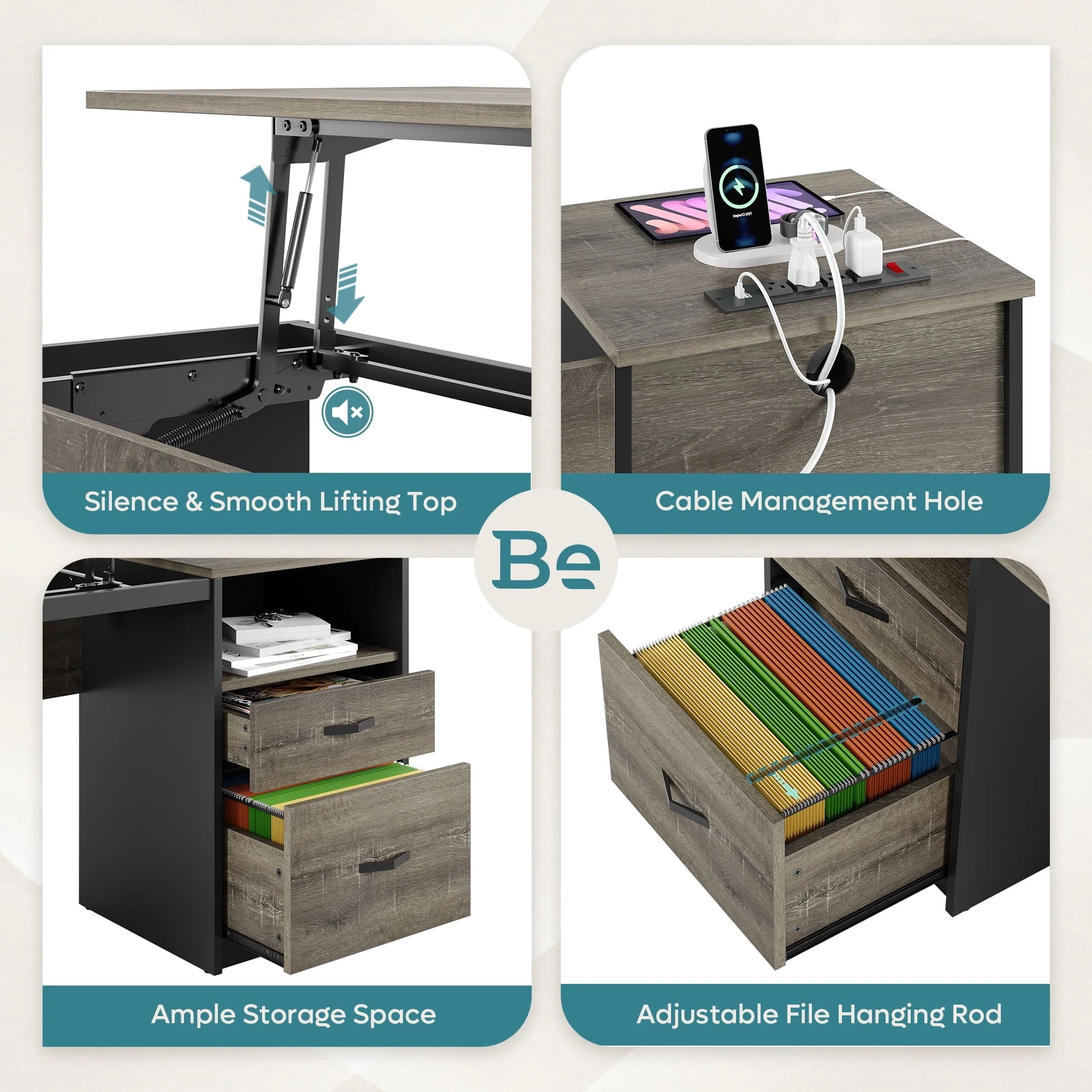Bestier Computer Desk with Drawers Power Outlet 60" Office Desk Lift Top Desk, Gray - Image 7