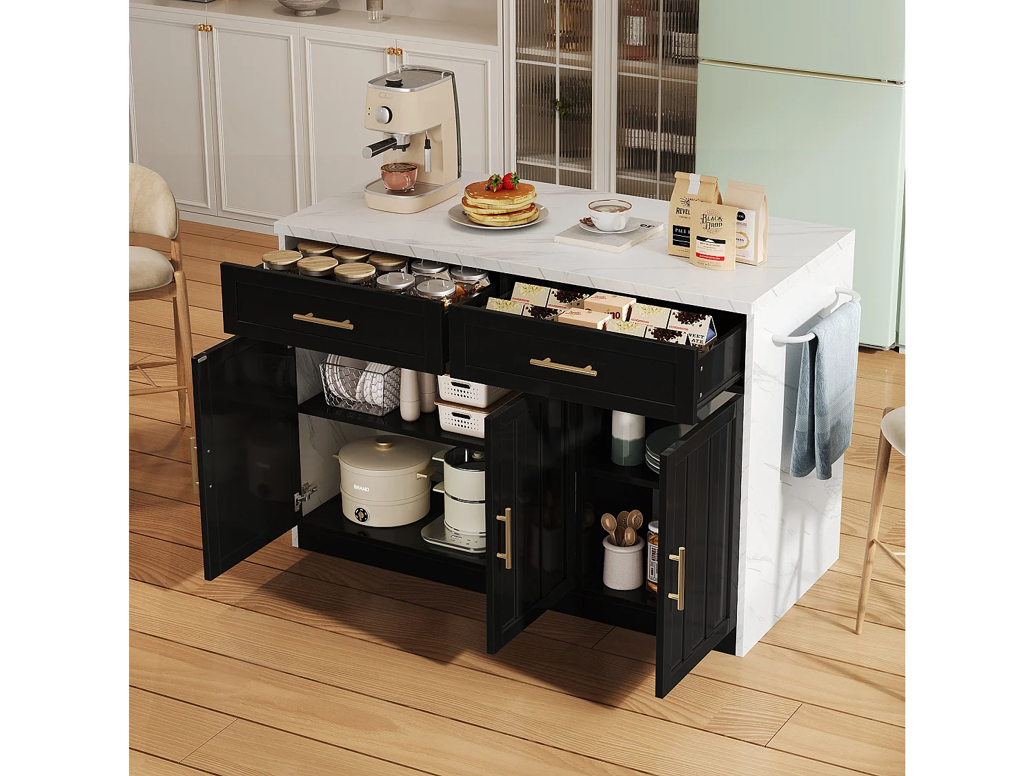 Îlot central de cuisine avec 3 portes ,2 tiroir et USB - Effet marbre blanc -Noir