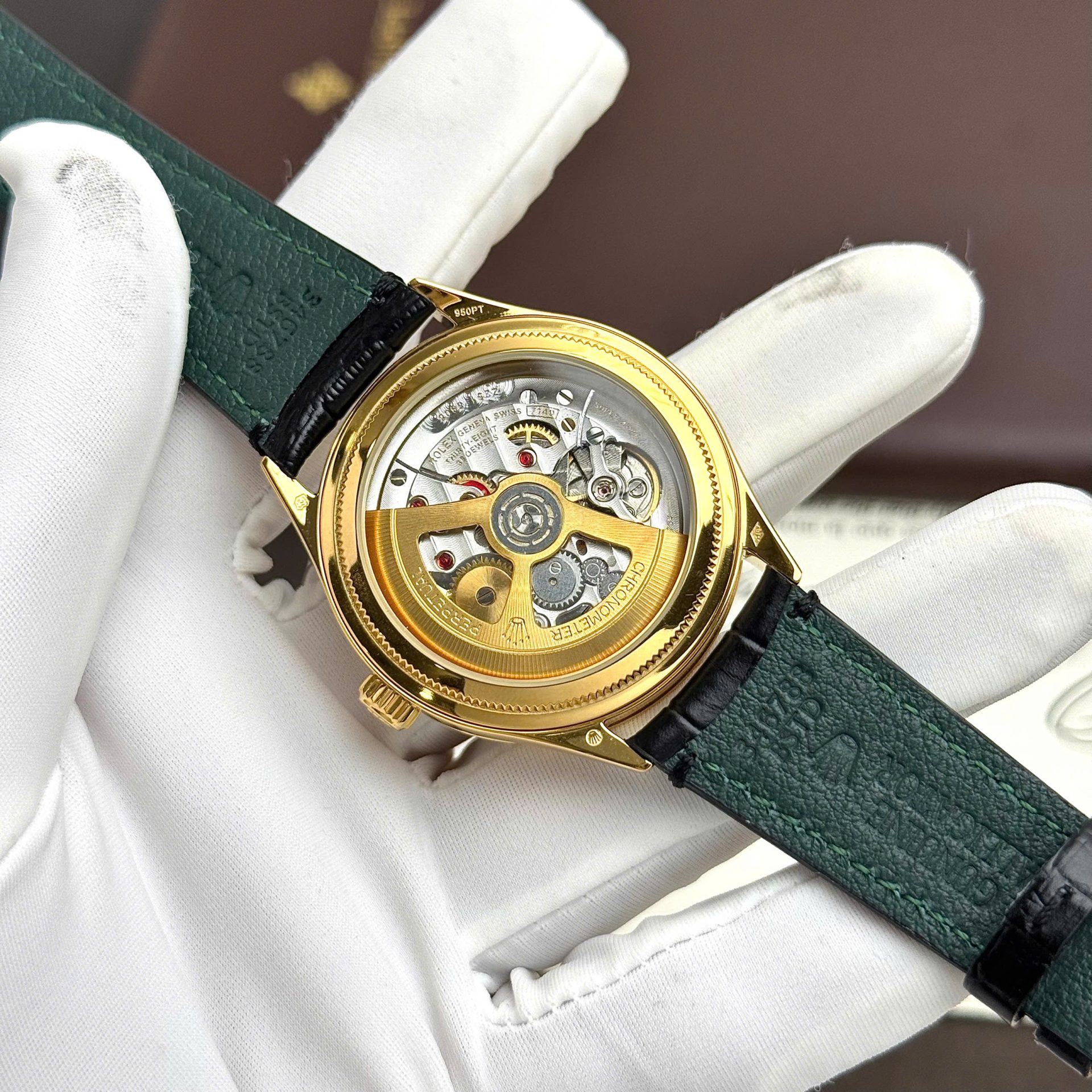 Rolex Perpetual 1908 Yellow Fake Watch Black Dial Leather Strap 39mm - Top club