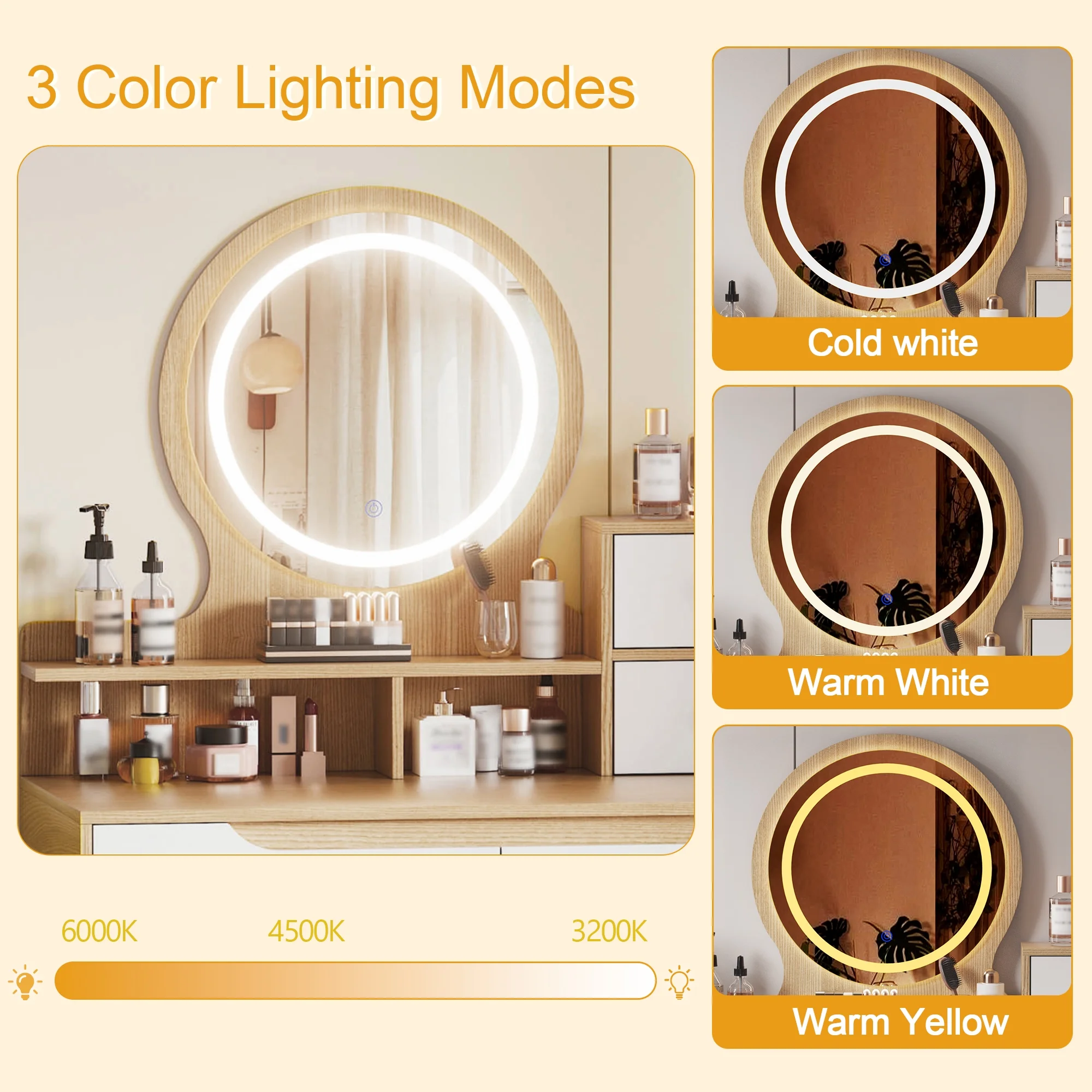 Montary Modern Mini Vanity w/Adjustable LED Mirror + Hidden Storage, Padded Stool & Dustproof Shelves (White) - Image 137
