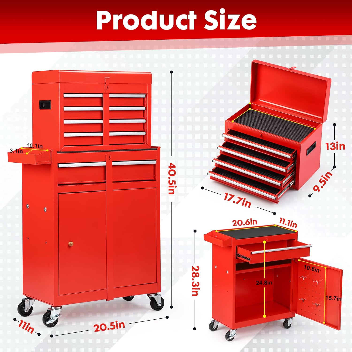 Dawmilon 5-Drawer Rolling Tool Chest with Wheels - High Capacity Tool Cabinet with Detachable Top Toolbox for Garage and Workshop Organization - Metal Tool Cart with Liner & 4 Hooks, Red