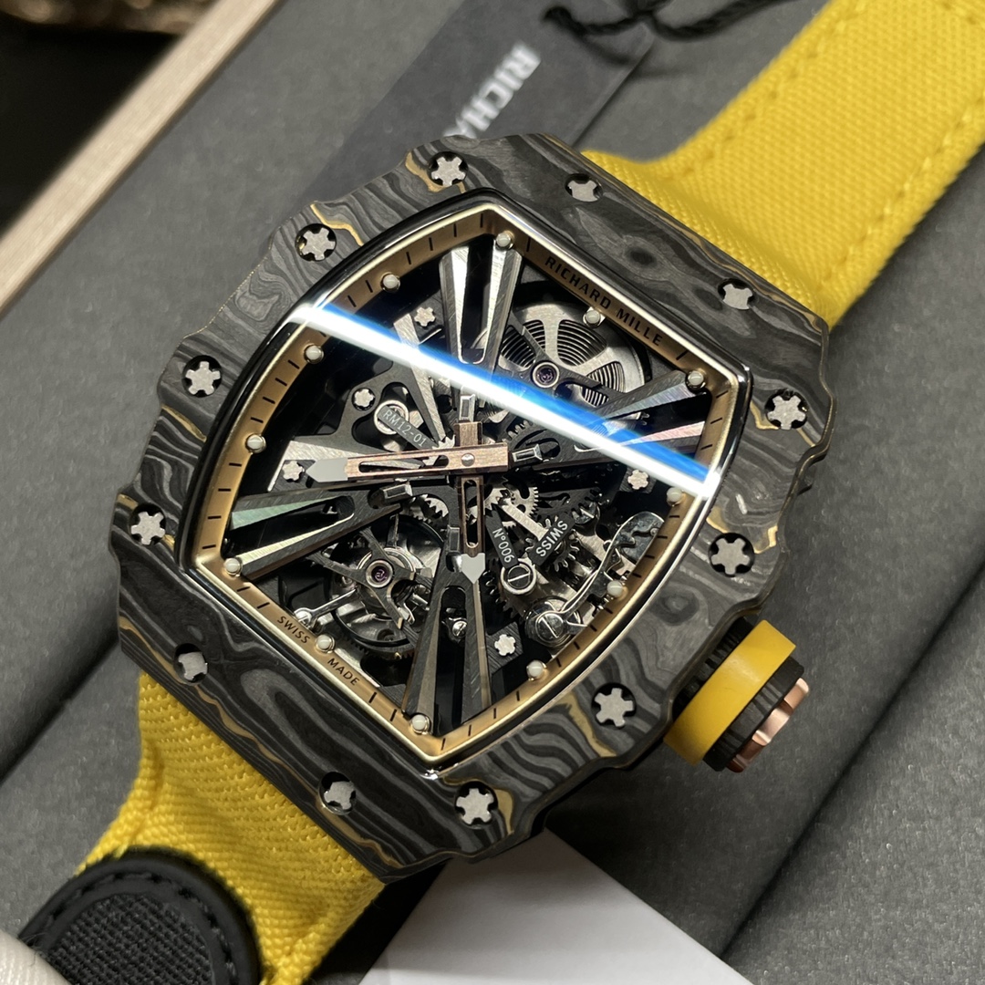 Swiss Replica Richard Mille RM 12-01 Tourbillon Watch �C Bold Yellow Fabric Strap, Carbon Fiber Barrel Case, Skeleton Dial - Top club