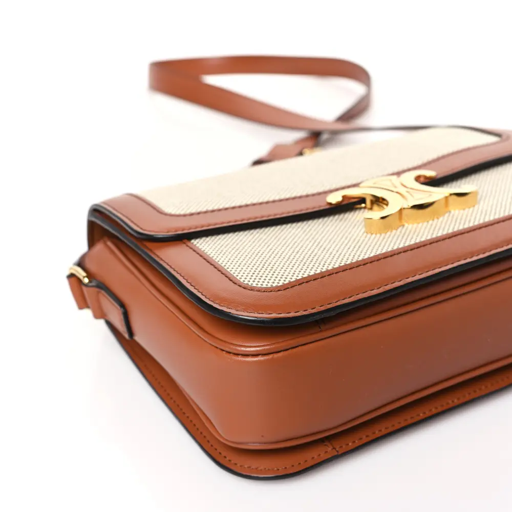 Celine White/Tan Textile Natural Calfskin Leather Medium Classique Triomphe Bag Gold Hardware High-end Reps1:1High-quality replica