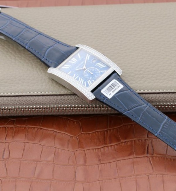 Replica Cartier Tank MC SS Blue Textured Dial Diamonds Bezel Leather Strap - Top club