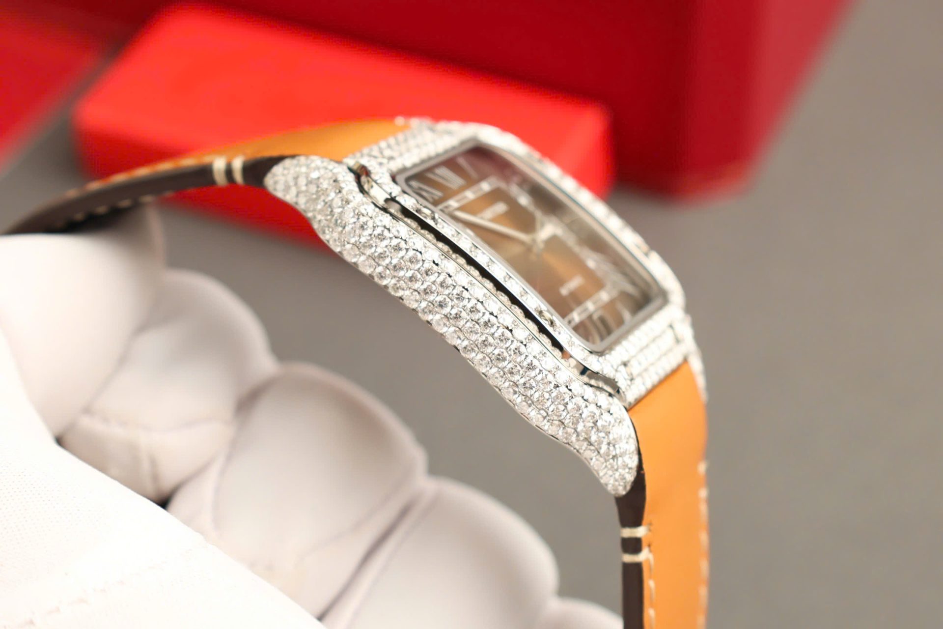 Cartier Santos Brown Dial Copies Watches Custom Diamonds Moissanite BV Factory 39.8mm - Top club