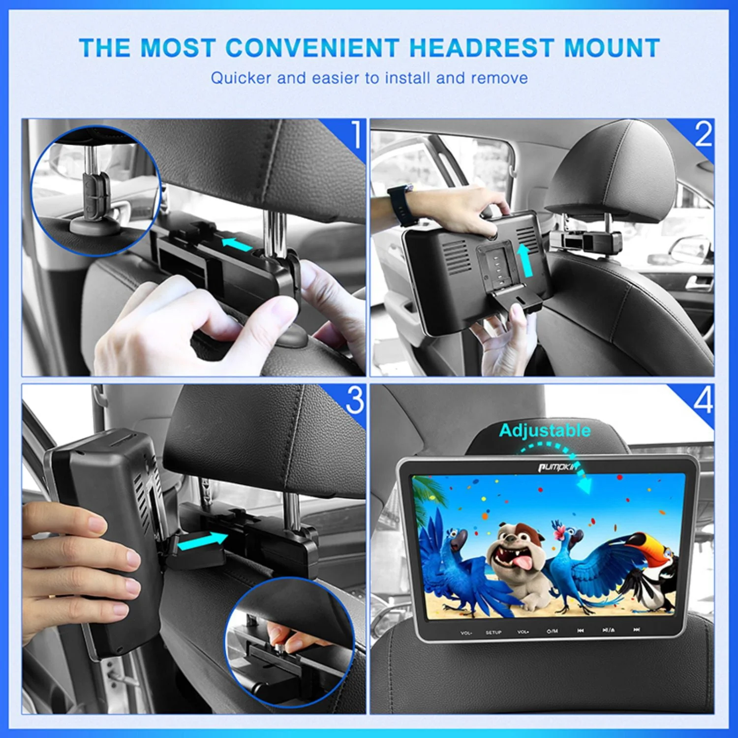 Pumpkin 10.1” Dual Headrest DVD Players for Car with Headphones, 2 Mount Brackets HDMI Input Region Free Last Memory - Image 5