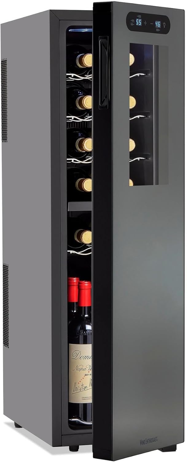 Wine Enthusiast 18-Bottle Slimline Dual Zone Wine Cooler - Energy Efficient Freestanding Wine Refrigerator - Upright Bottle Storage, Adjustable Thermostat, Digital Touchscreen (20.5” x 10.7