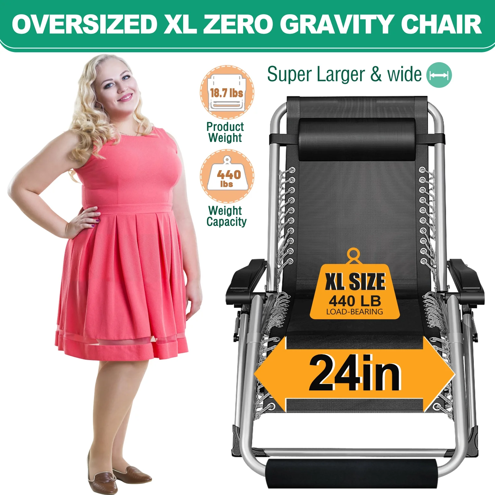 NAIZEA Zero Gravity Chair with Removable Cushion and Cup Holder Black - Image 45
