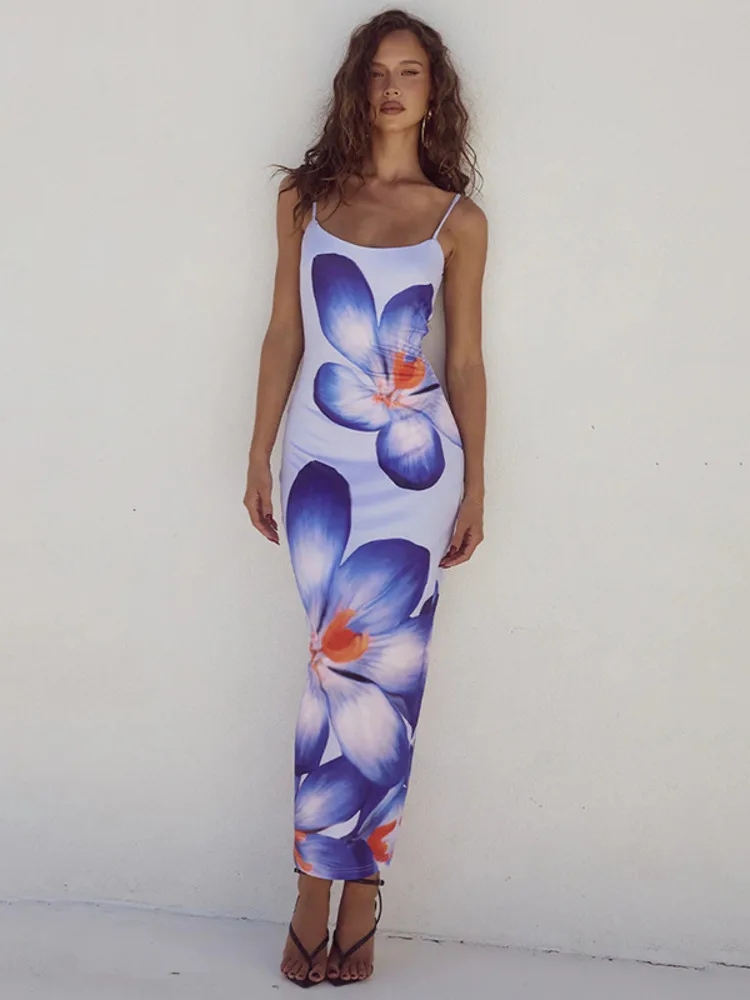 Floreal Print Long Dress For Women Gown Summer New Spaghetti Strap Sleeveless Backless Bodycon Sexy Midi Dress Elegant - AZJHJ
