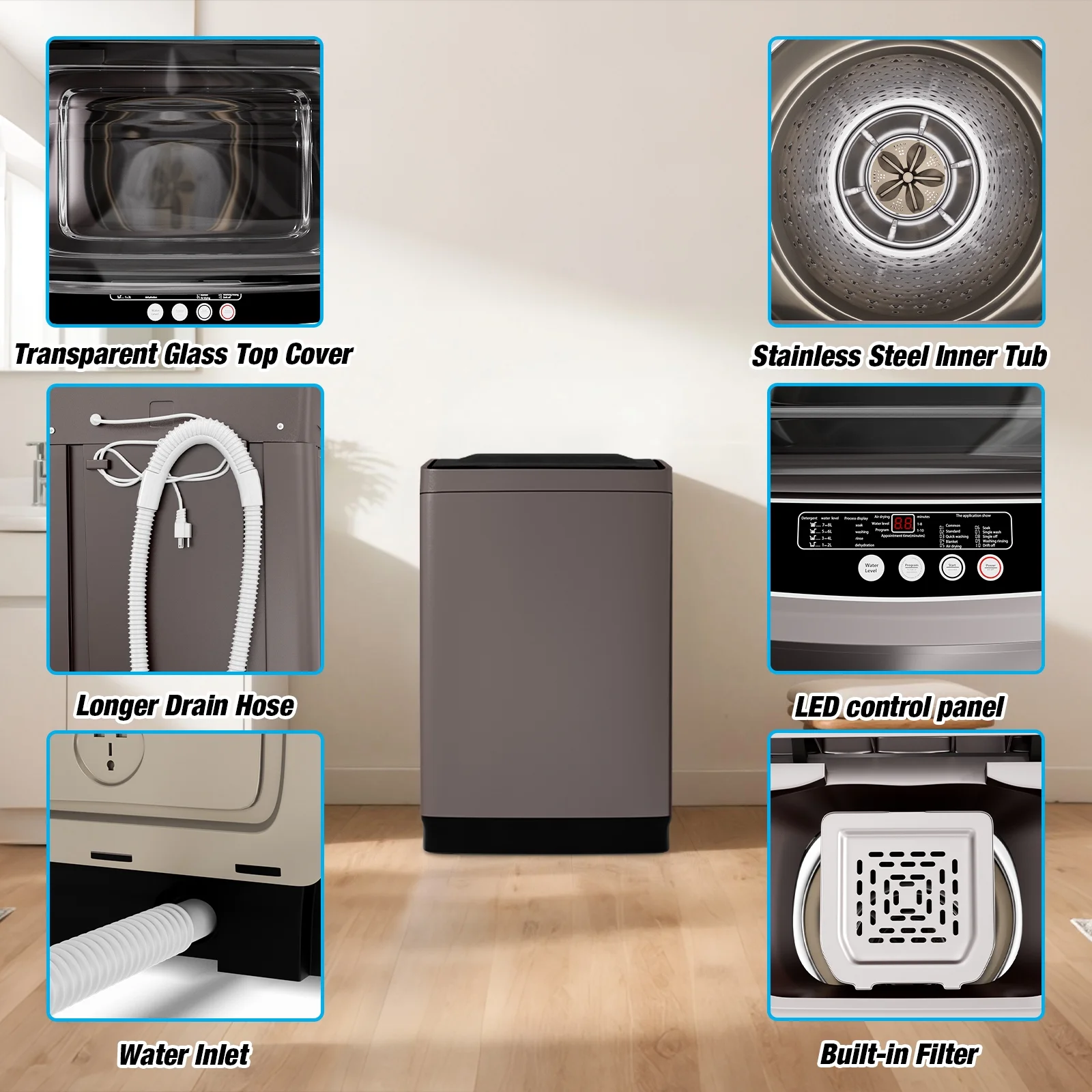 TABU Washer and Dryer Set, 17.6LBS Full Automatic Washing Machine & 8.8LBS Portable Dryer (Gray&White) - Image 6