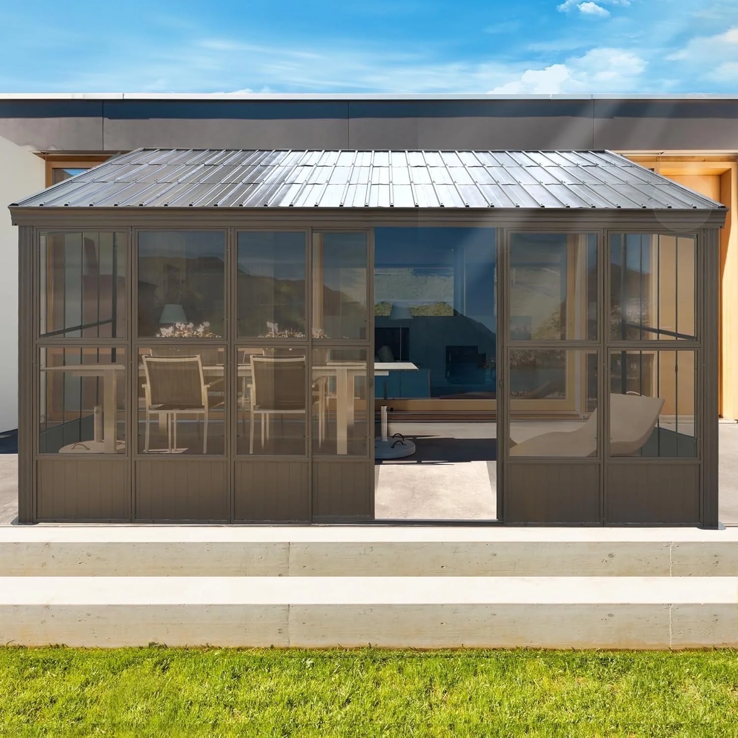 TOTAL Outdoor 10'x12' All-Season Sunroom Gazebo with Steel Roof, PVC Screen, Front & Side Door, Brown - Image 85