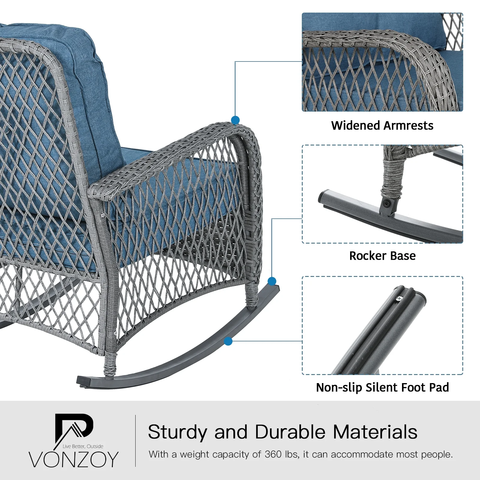 ELPOSUN 3-Piece Outdoor Rocking Chairs, Wicker Patio Furniture with Thickened Cushions and Table for Porch - Image 17