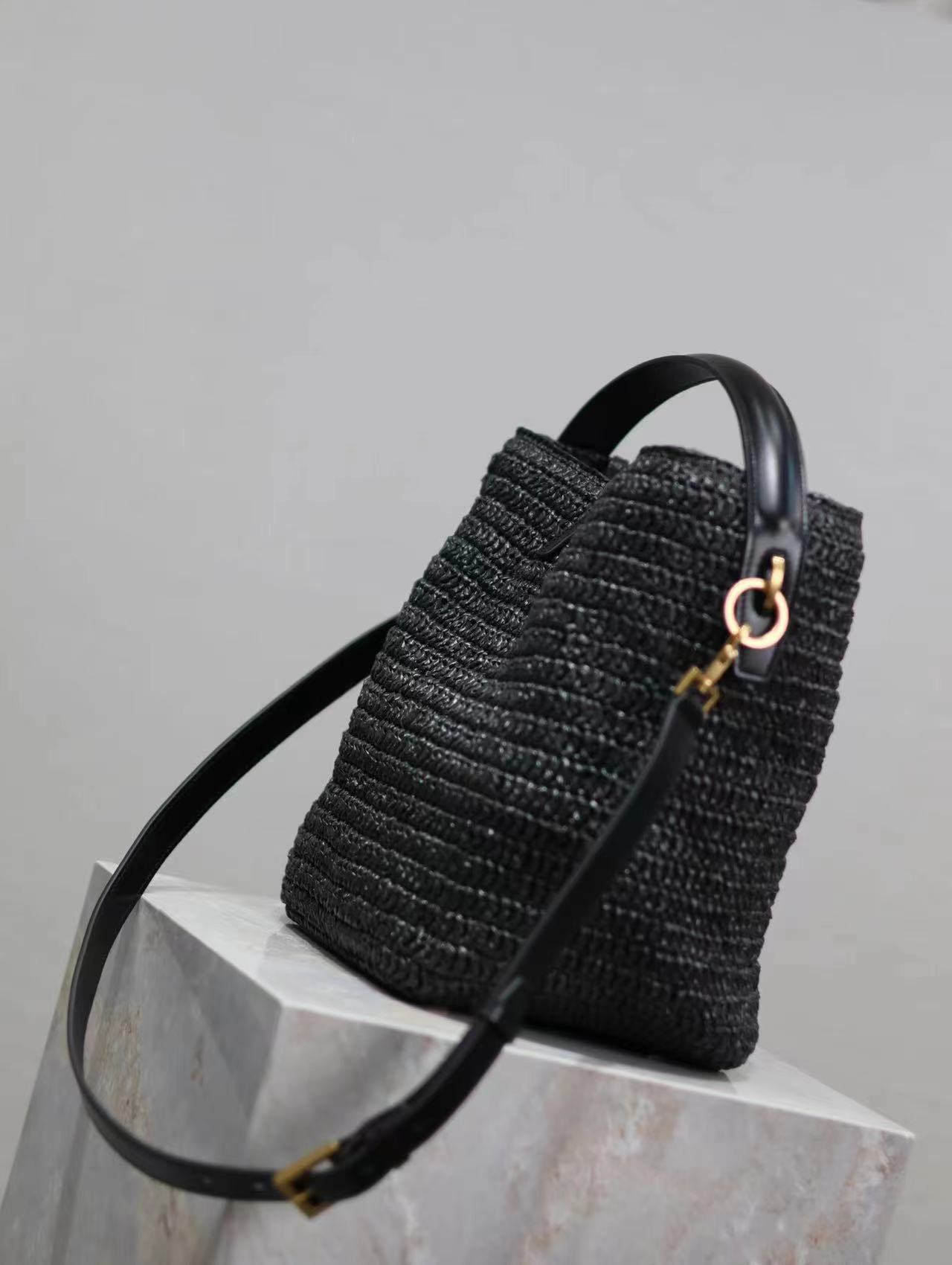 SAINT LAURENT Le 37 leather-trimmed raffia bucket bag