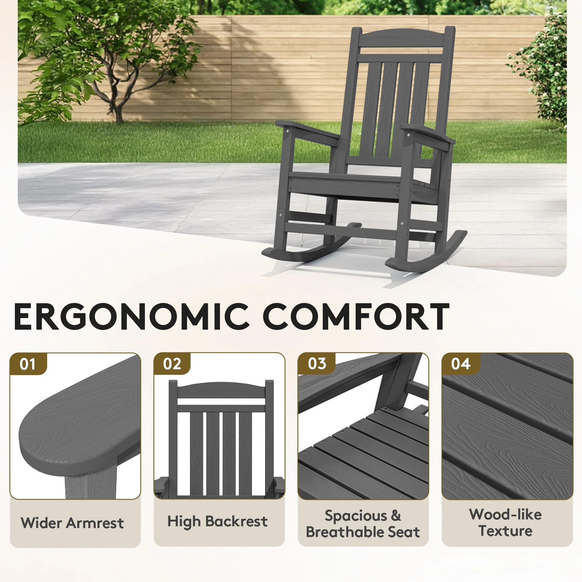 KINGYES HDPE Outdoor Rocking Chairs Set of 2,HDPE Patio Rocker for Porch,Black - Image 39