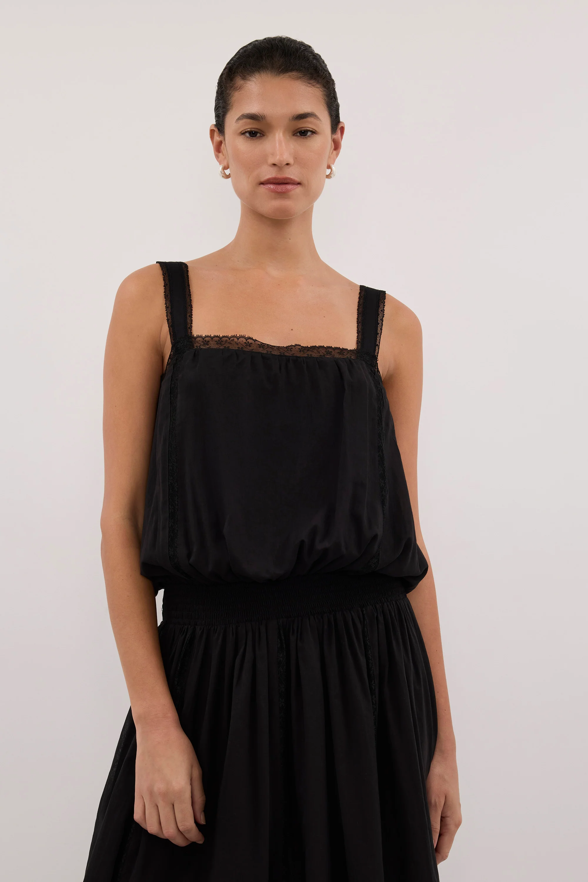 ROSIN BLACK SHIRRED LACE MIDI DRESS