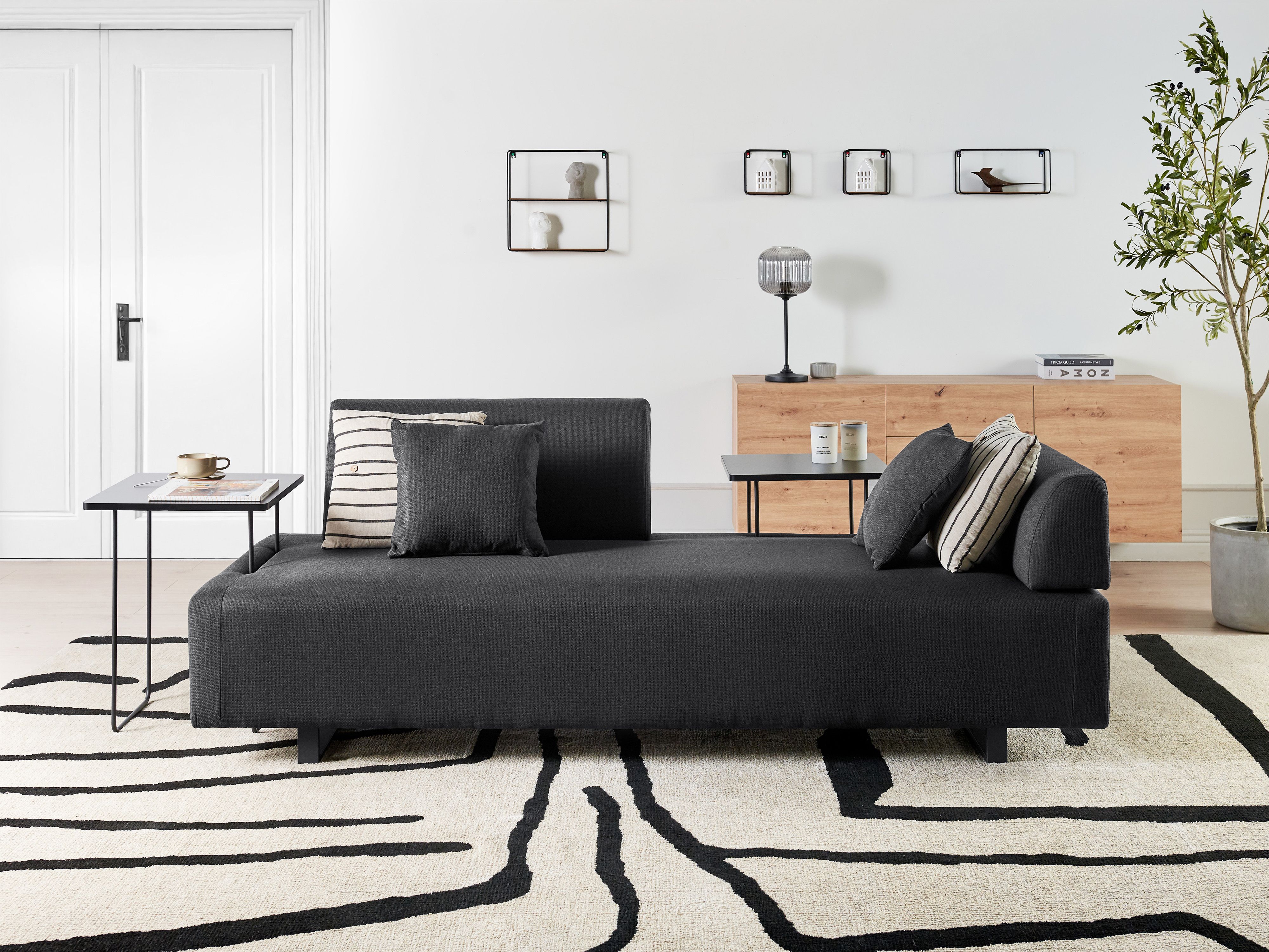Sofa 3 Seater SOKNA Fabric Black with Tables