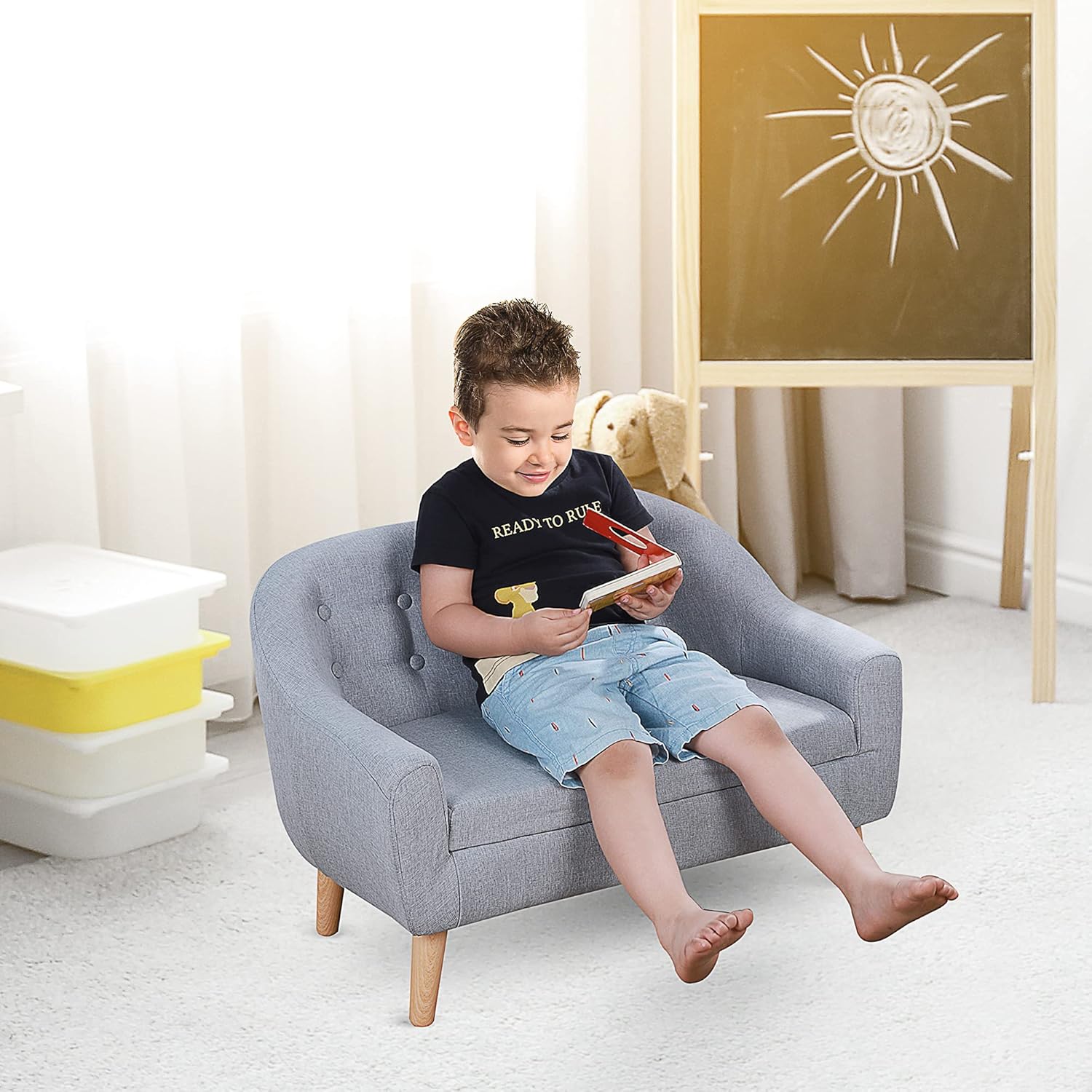 Qaba 2-Seat Kids Sofa, Toddler Sofa Couch, Linen-Like Fabric and Wooden Frame Sofa Chair for Ages 3-7, 11