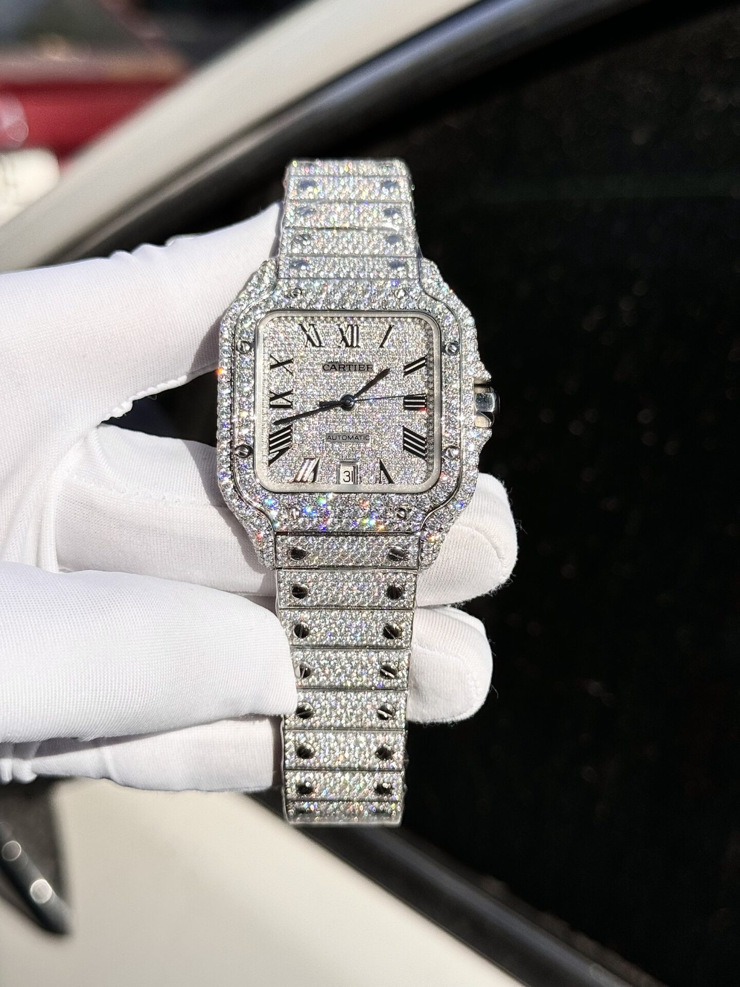 Cartier Santos Replica Watch Full Diamond Moissanite Hong Kong 39.8mm - Elite Watch Atelier