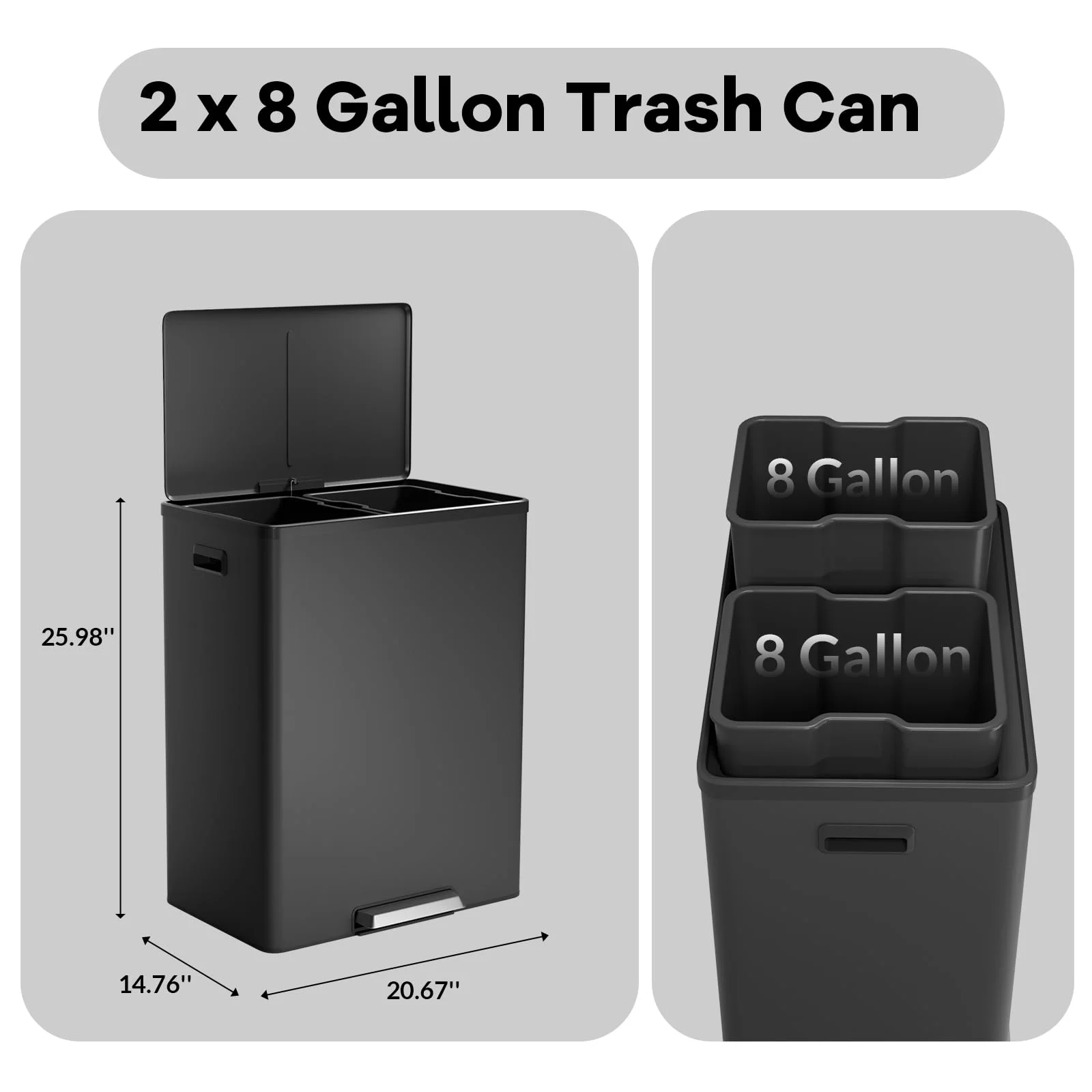 JoanKaren 16 Gallon Stainless Steel Dual Compartment Step Kitchen Trash Can with Lid & 2 Removable Wastebaskets,Kitchen Garbage Can & Recycling Bin,Black - Image 6