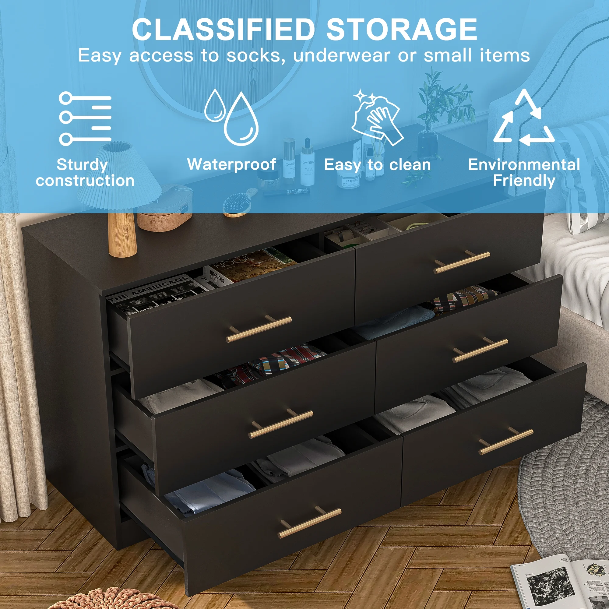 Kadyn White Chest of Drawer, 6 Double Drawer Dresser for Bedroom, Modern Storage Cabinet for Living Room, Dresser - Image 47