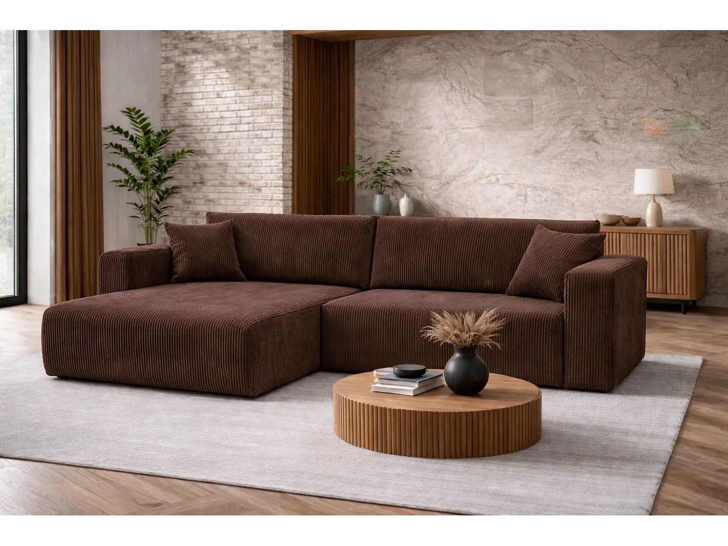 Canapé d’angle réversible GIORGIA L convertible – Velours côtelé brun chocolat, fonction couchage, grand coffre de rangement, angle universel gauche/droite