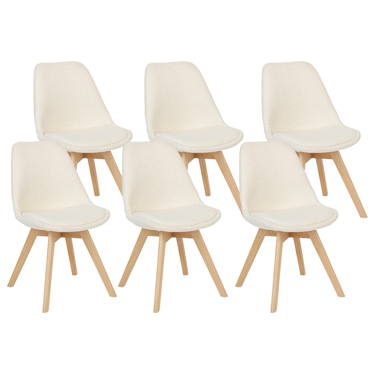 Set of 6 chairs "Baya" Beech, boucl&eacute;, white