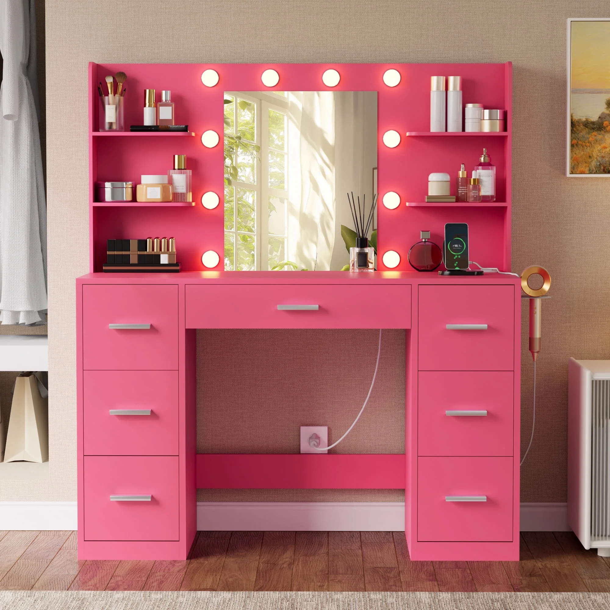 Lacoo Vanity Desk with Mirror and LED Lights, Makeup Vanity with 7 Drawers & 4 Shelves, Vanity Table with Power Outlet for Bedroom Dressing Room, White - Image 19
