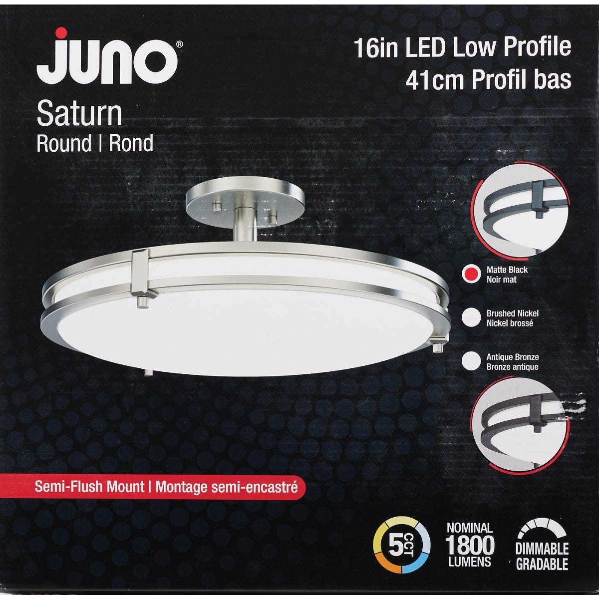 Juno Saturn 16 In. Matte Black Round Semi-Flush Mount Light Fixture