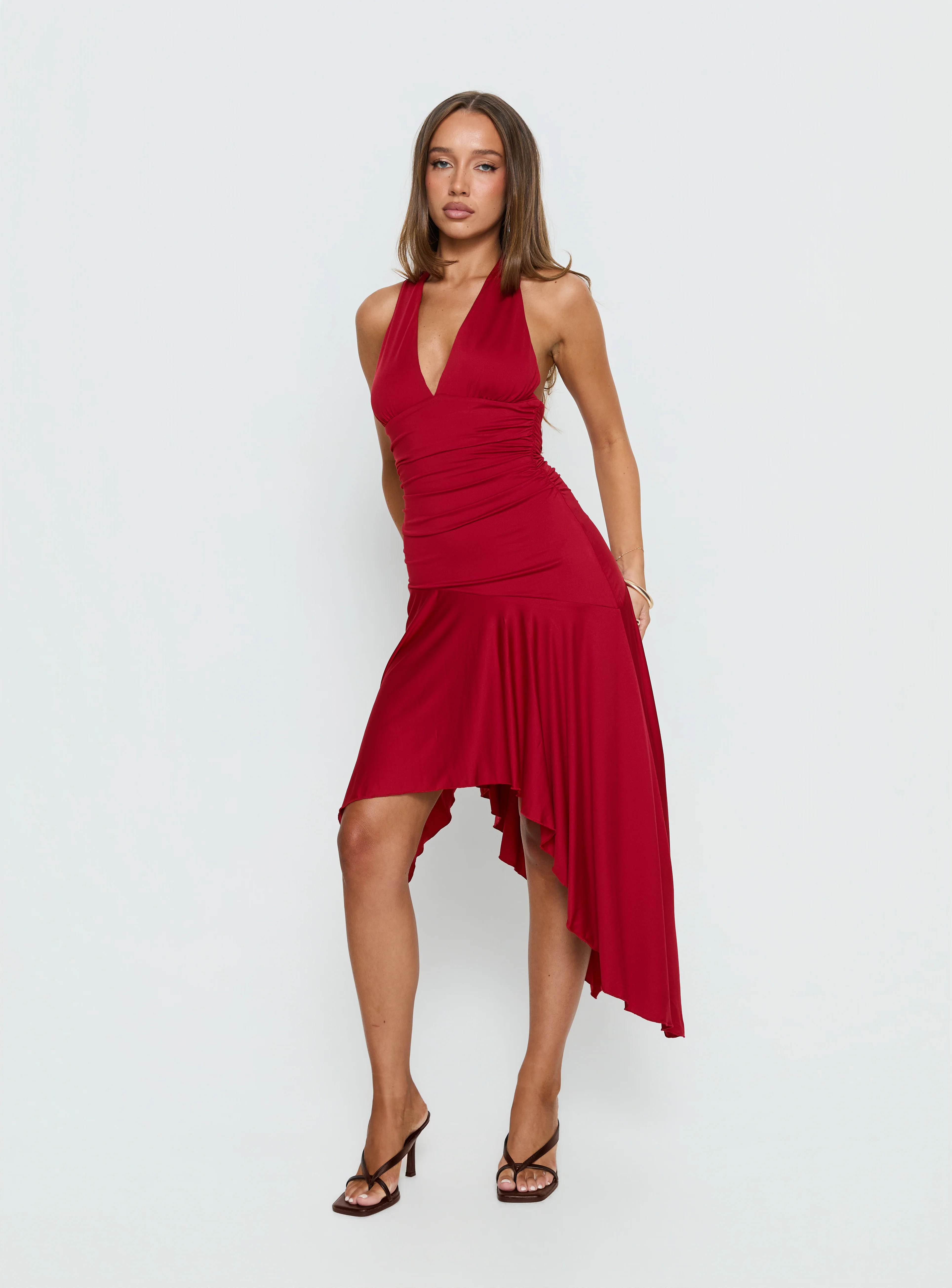 Princess Polly Emara Halter Asymmetrical Midi Dress Red