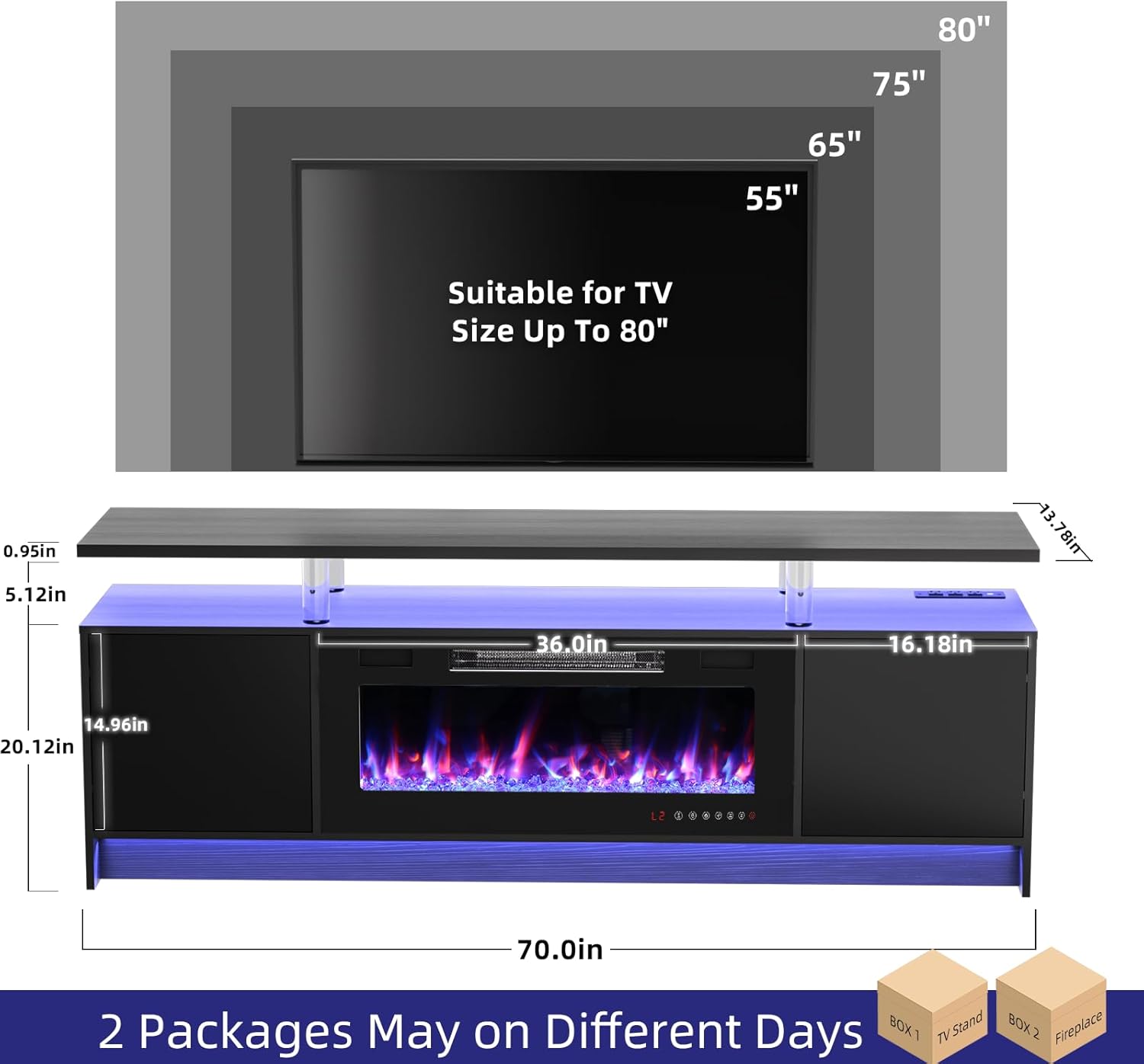 BREEZEHEAT 70 Inch Fireplace TV Stand for Up to 80