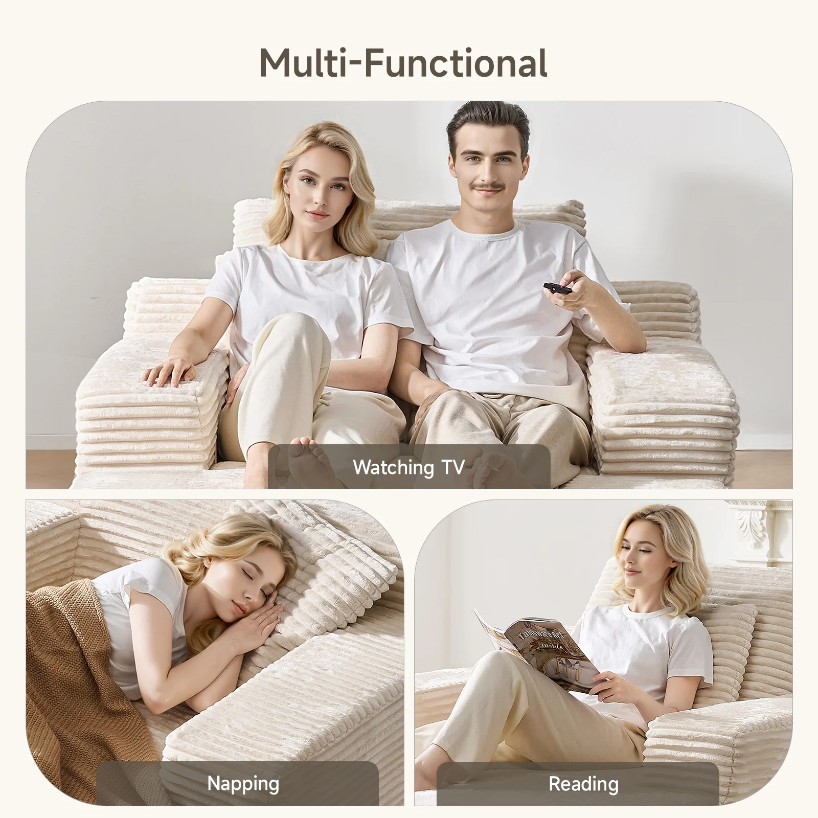 65" Corduroy Cloud Sleeper Chaise Lounge Chair, No Assembly Sofa Bed with Pillows, Beige - Image 2