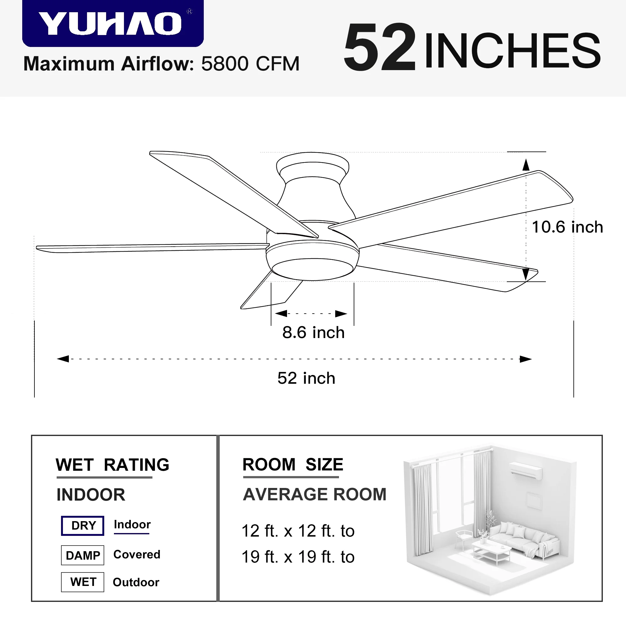 Wellspeed 52 in. Ceiling Fans with Light and Remote, LED Flush Mount Black Fanlight with Quiet DC Motor, Dimmable 3 Color Temperature, 6 Speed Low Profile Modern Ceiling Fan for Bedroom, Living Room