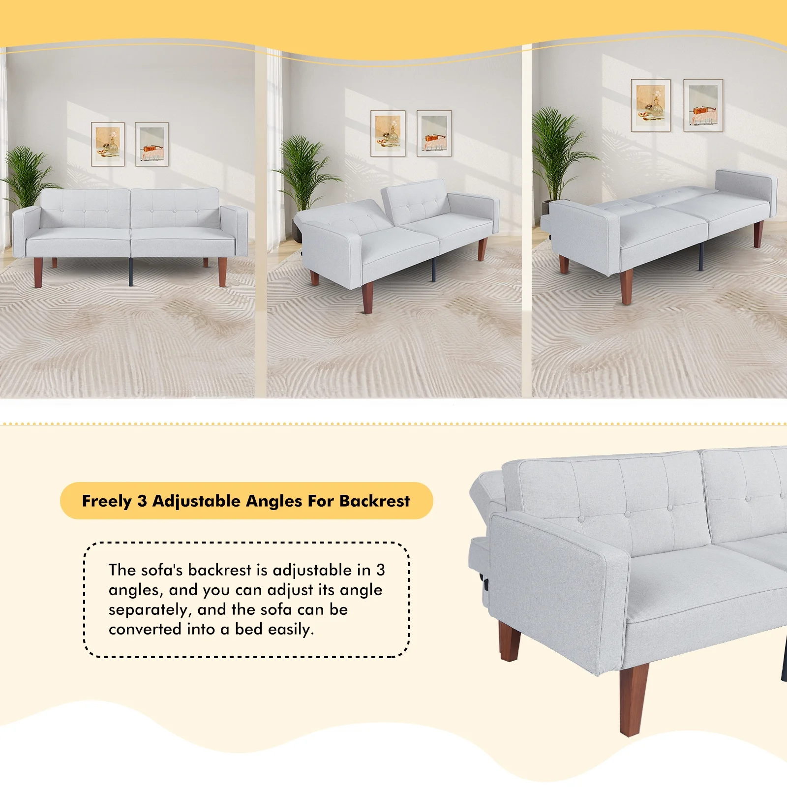 Sofa Bed, Convertible Memory Foam Futon Couch, Adjustable Sleeper Sofa Bed for Living Room, Gray - Image 4