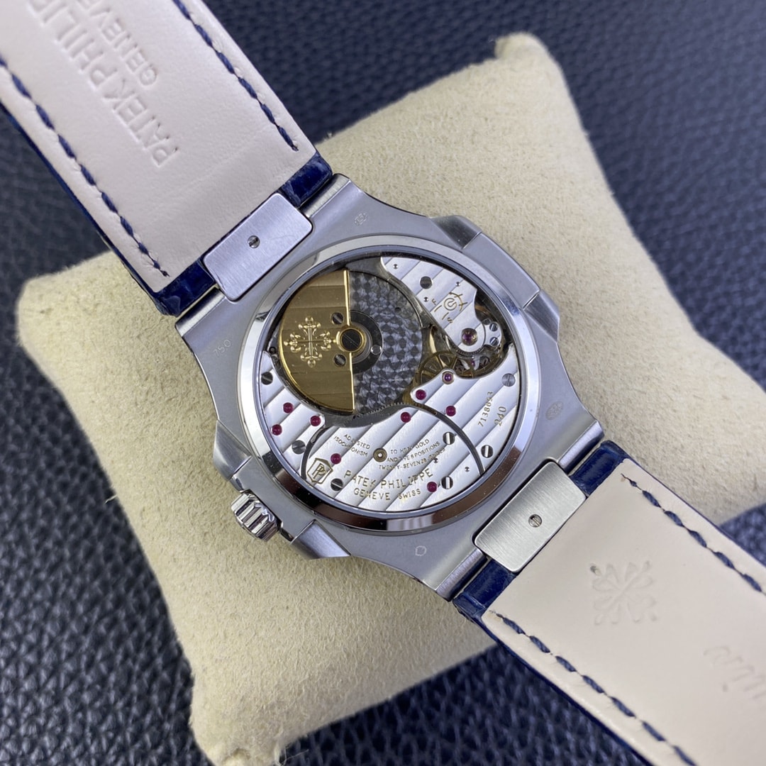 Fake Patek Philippe Replica Watch 5724G-001 Nautilus 40mm Black-Blue Baguette Diamond Bezel Moon Phase Date White Gold Leather Automatic GRF(1:1 replica) - Elite Watch Atelier