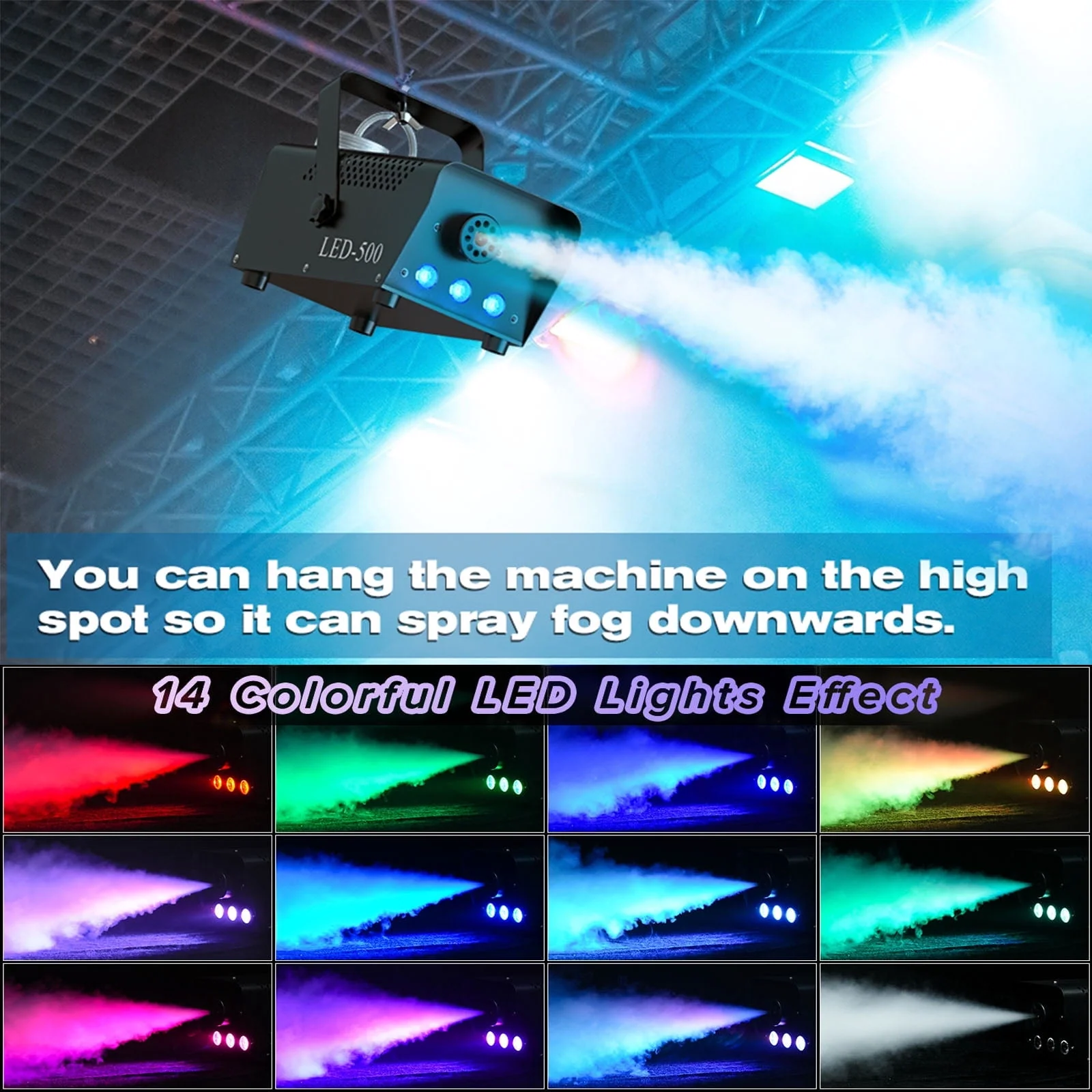 500W Fog Machine with RGB LED Lights, Remote Control, 3000CFM, 15 Lighting Effects for Wedding, DJ, Party, Concert, Halloween - Image 3 500W Fog Machine with RGB LED Lights, Remote Control, 3000CFM, 15 Lighting Effects for Wedding, DJ, Party, Concert, Halloween - Image 3