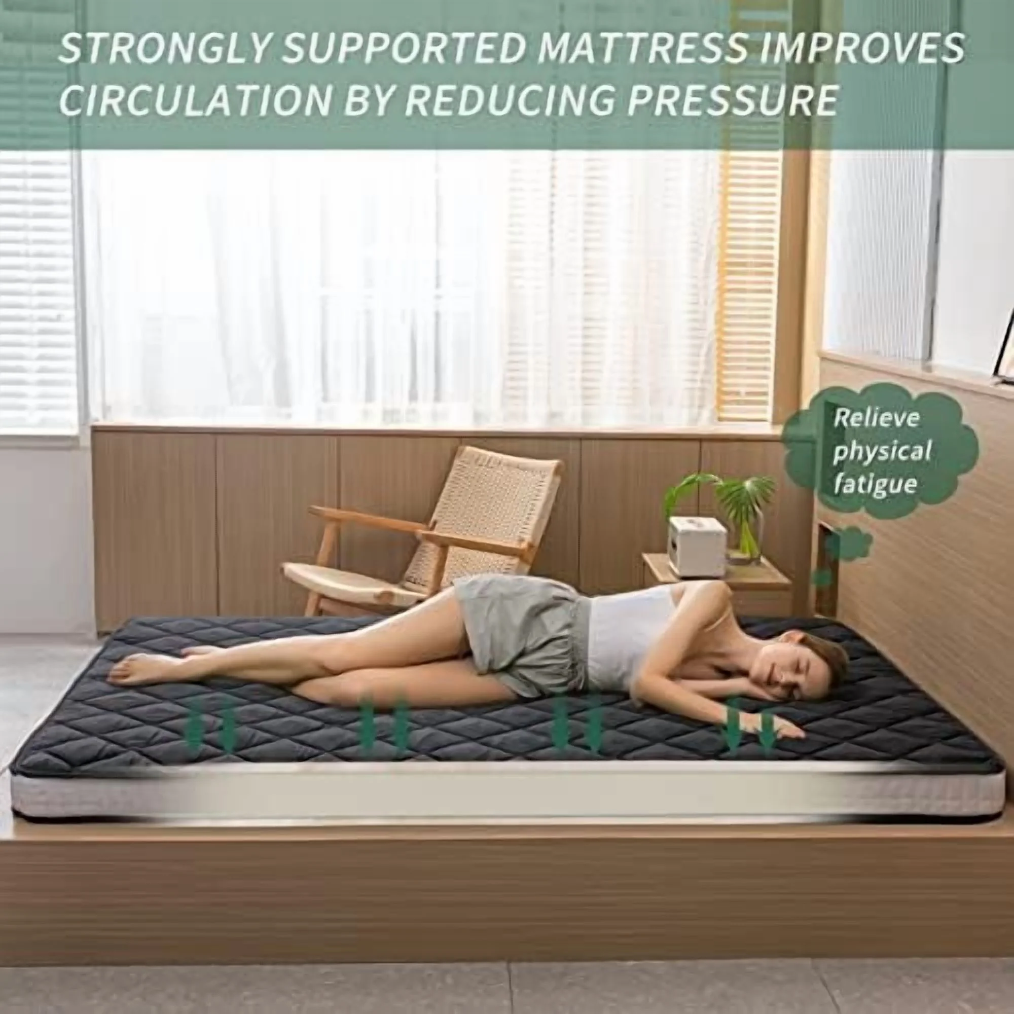 Japanese Floor Futon Mattress King Size, Floor Bed for Adults, Roll Up Folding Mattress, Diamond Patterned Japanese Futon Bed, Dark Grey - Image 9