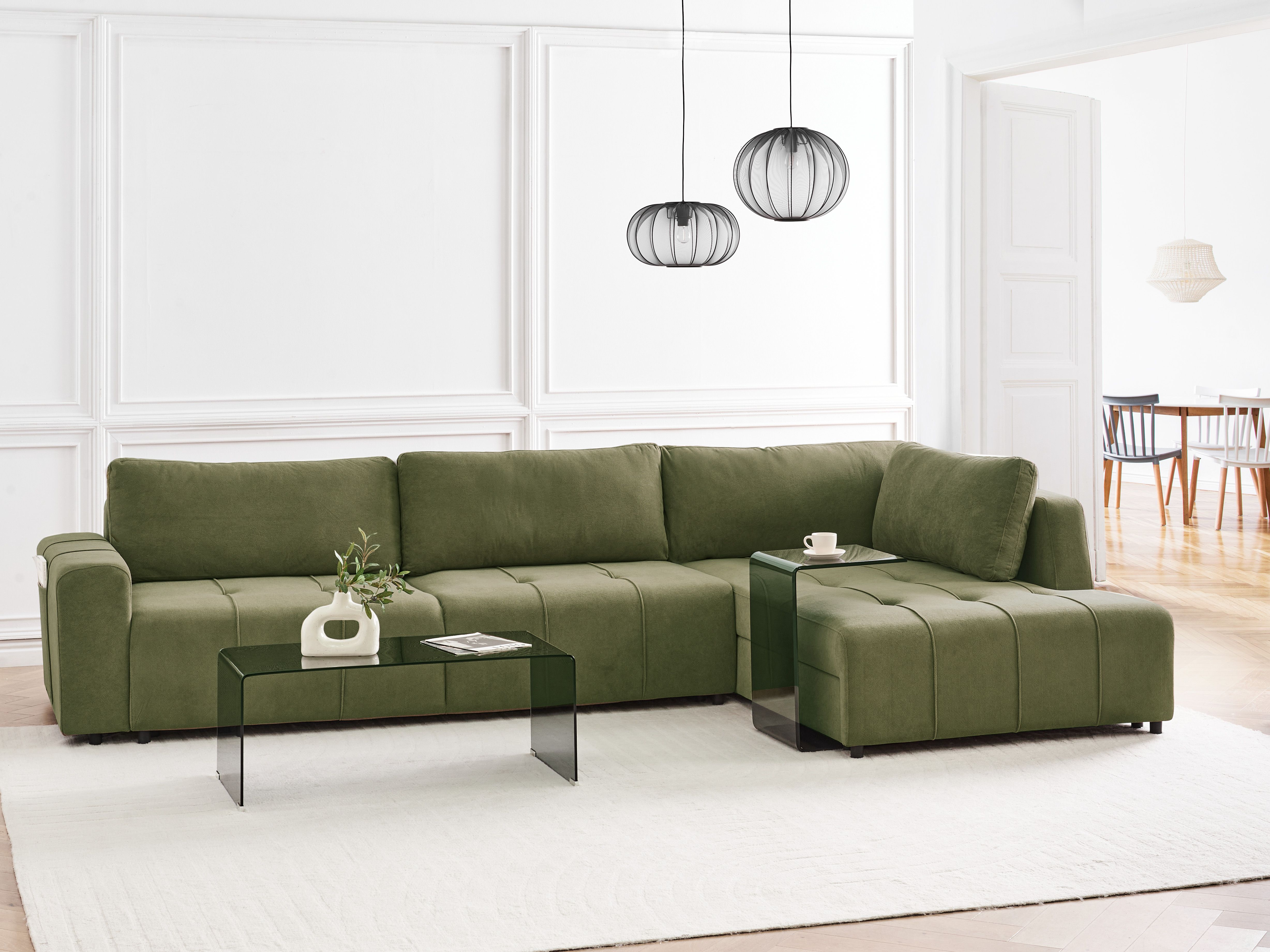 Corner Sofa Bed 4 Seater INNVIK Fabric Green with Storage Left Hand