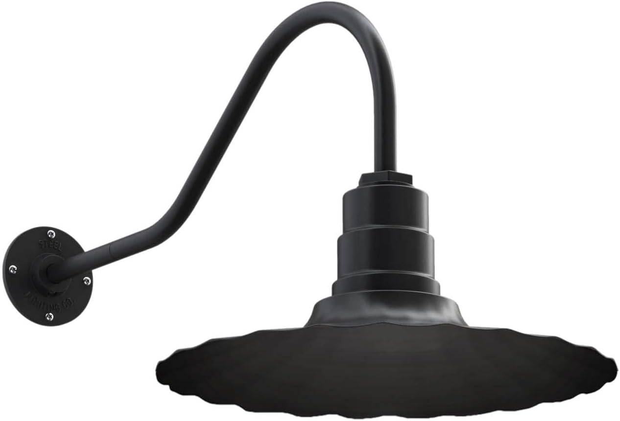 Steel Lighting Co. Highland Park Barn Light | Outdoor Wall Mounted | 16 inch Radial Wave | 23 inch Gooseneck | Vintage Style Made in America | Matte Black Exterior/Matte Black Interior