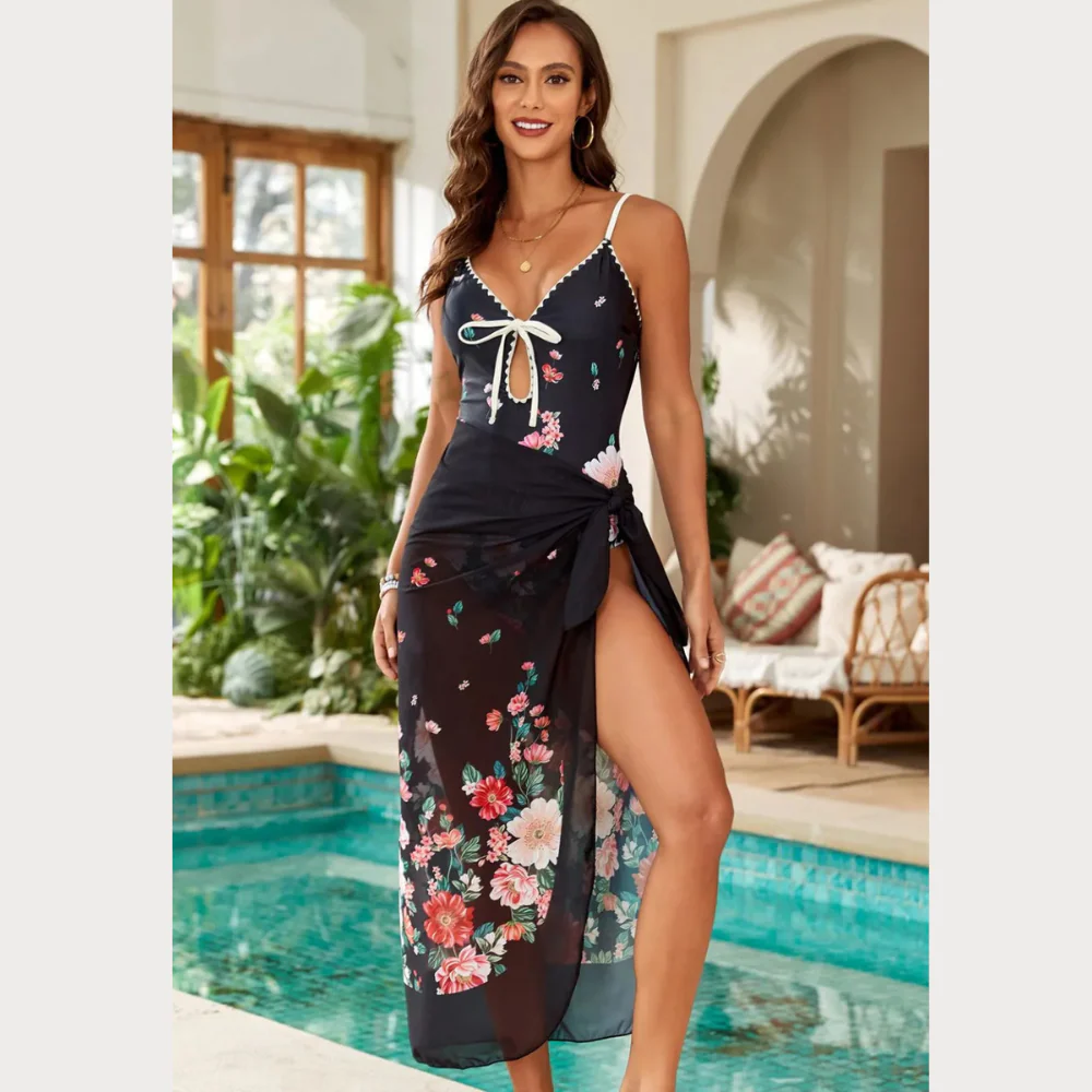 Printed Spaghetti Strap One-Piece Swimwear and Cover Up Swim Set - ZKZOOK