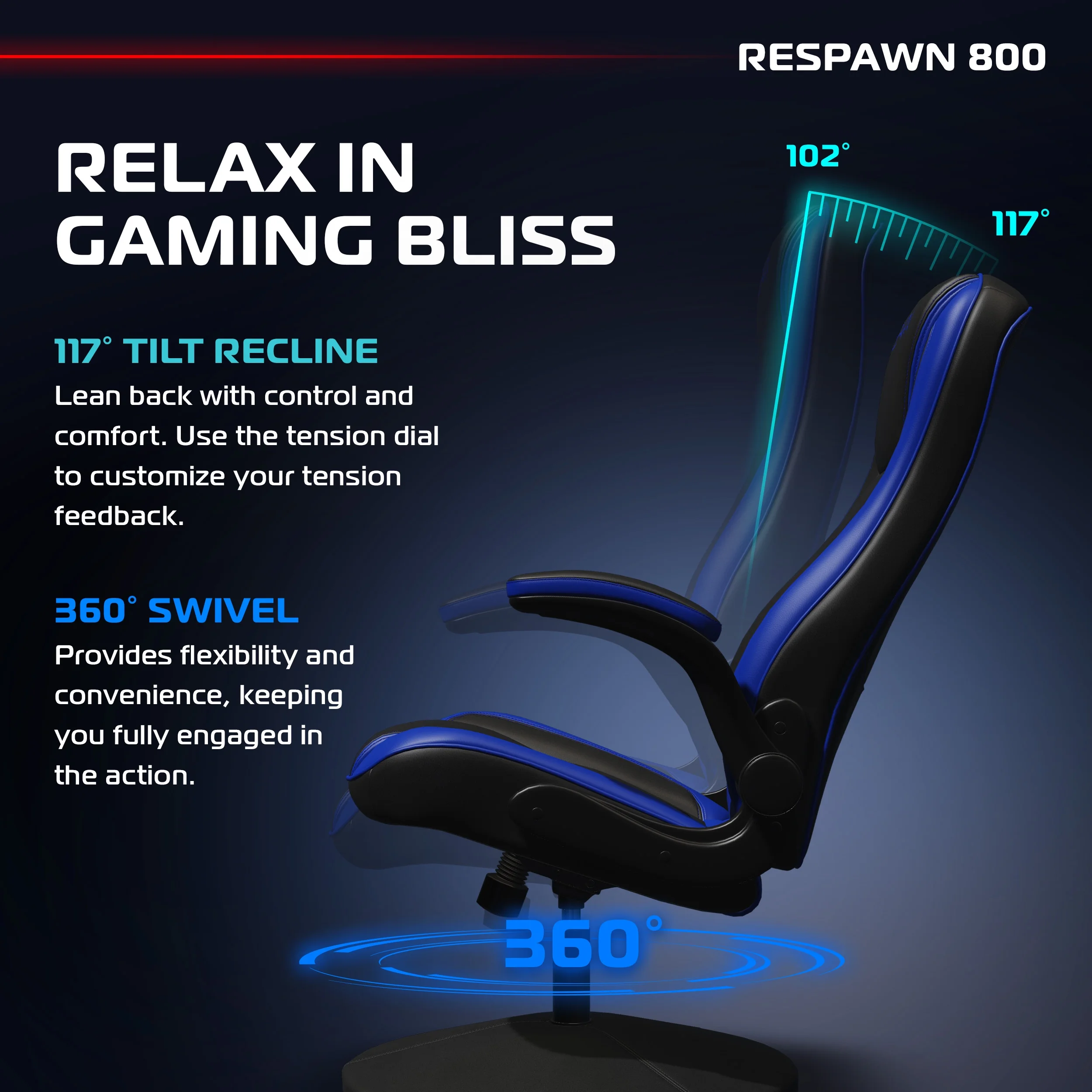 RESPAWN 800 Swivel Rocker Gaming Chair - Ergonomic Floor Gaming Seat with Lumbar Support, Flip Up Armrest, High Back, Pedestal Base, Comfortable No Wheels Console Video Game Rocker Chair - Red - Image 19