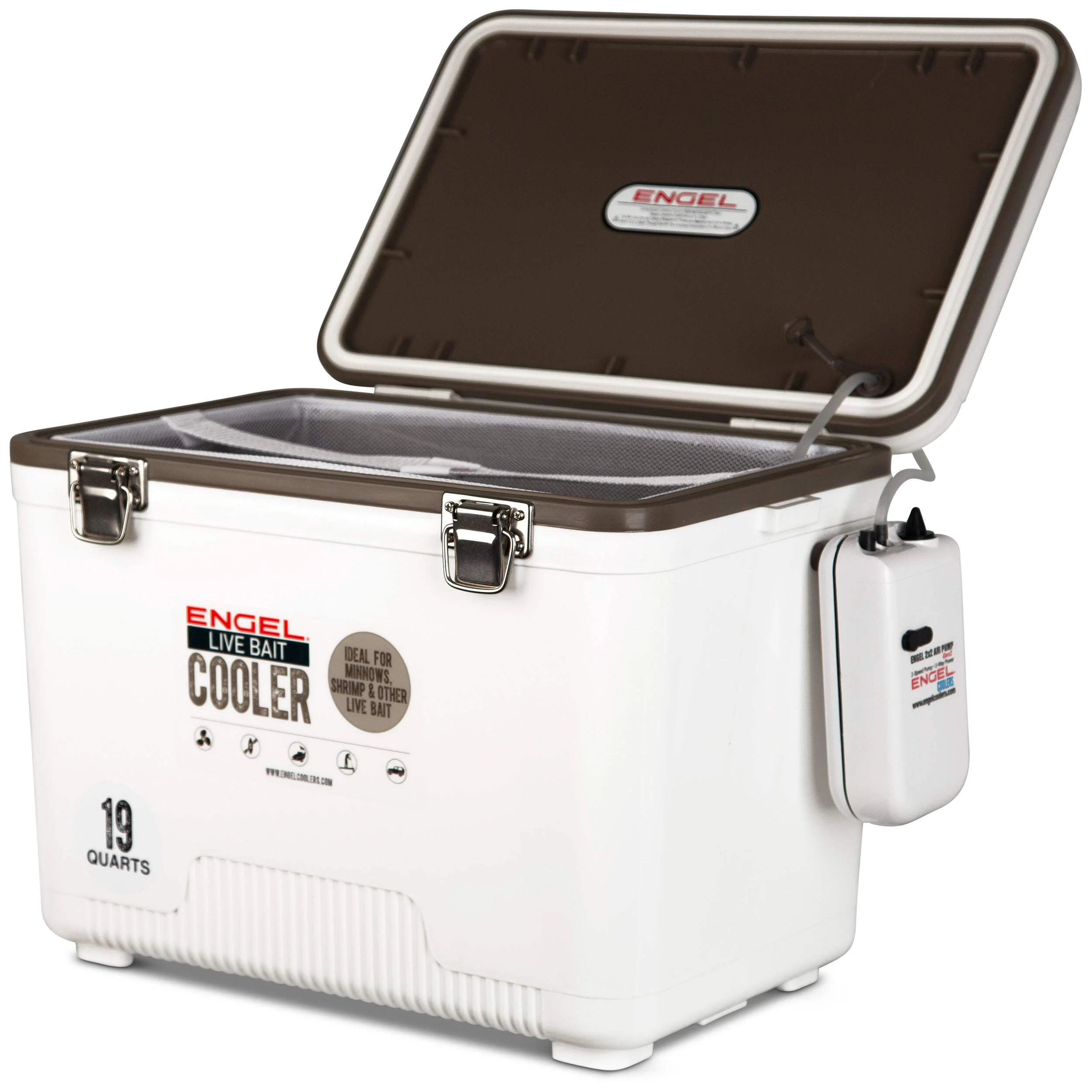 Engel 19qt Live Bait Drybox/Cooler w/ 2 Speed Aerator Pump and Net White (2025) - Image 2