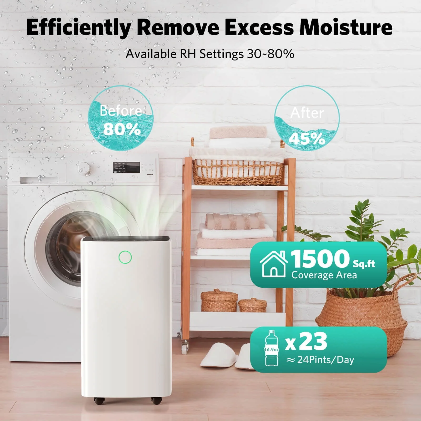 FREE VILLAGE Dehumidifier, 24 Pint Dehumidifiers Intelligent Humidity Control for Home Up to 1500 Sq. Ft, Auto Drainage, Digital Control Panel, 12 HrTimer, Dehumidifier for Basement, Bathroom, Bedroom