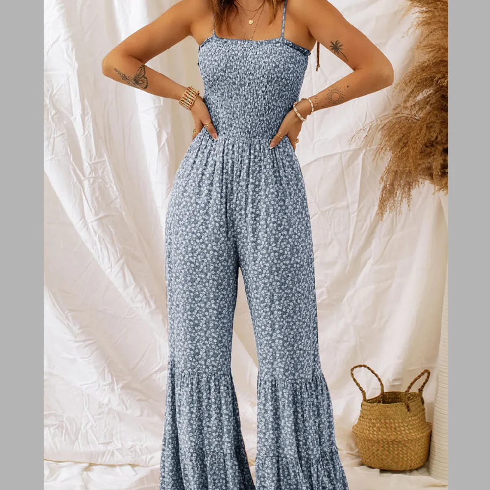 Smocked Printed Wide Strap Jumpsuit - ZKZOOK
