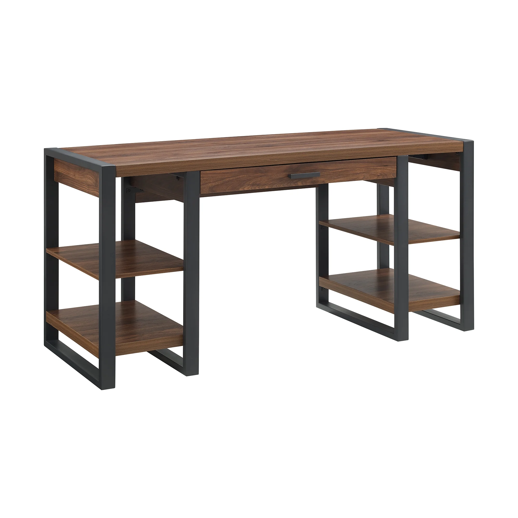 Walker Edison Industrial 4-Shelf Computer Desk with USB Port, Dark Walnut