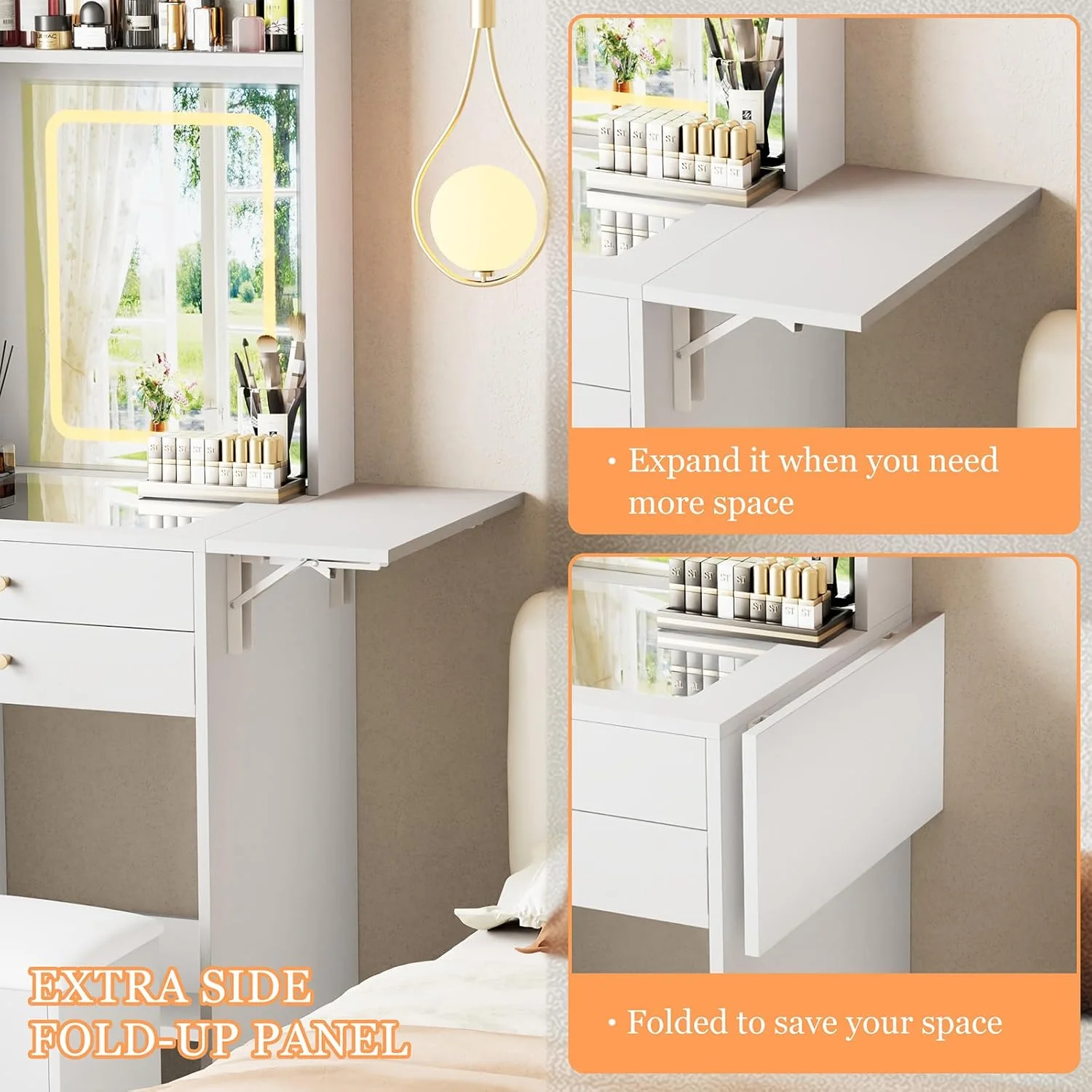 Montary Modern Mini Vanity w/Adjustable LED Mirror + Hidden Storage, Padded Stool & Dustproof Shelves (White) - Image 131