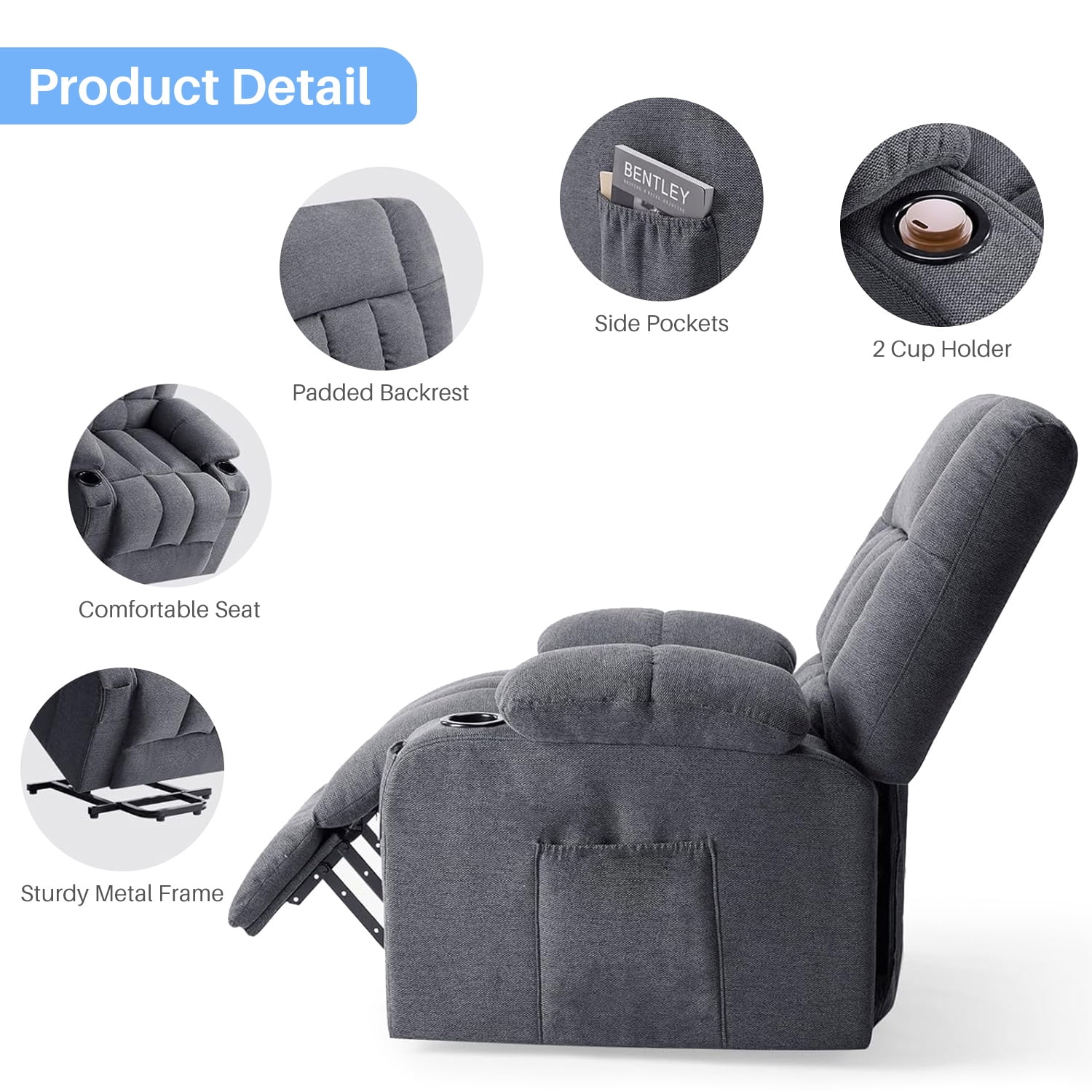Simenmax Recliner Chair with Massage and Heating, Home Theater Seating with Lumbar Support, Adjustable Electric Power Lift Chairs, Gray - Image 4